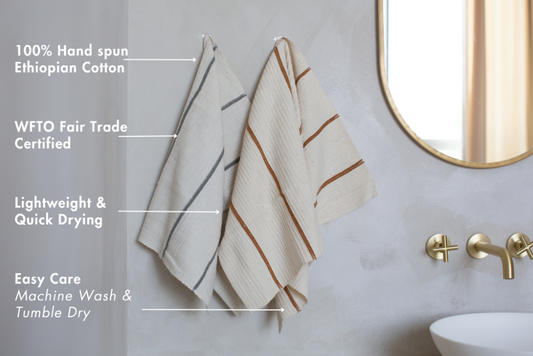 Wari hand towels in grey and bronze with key features
