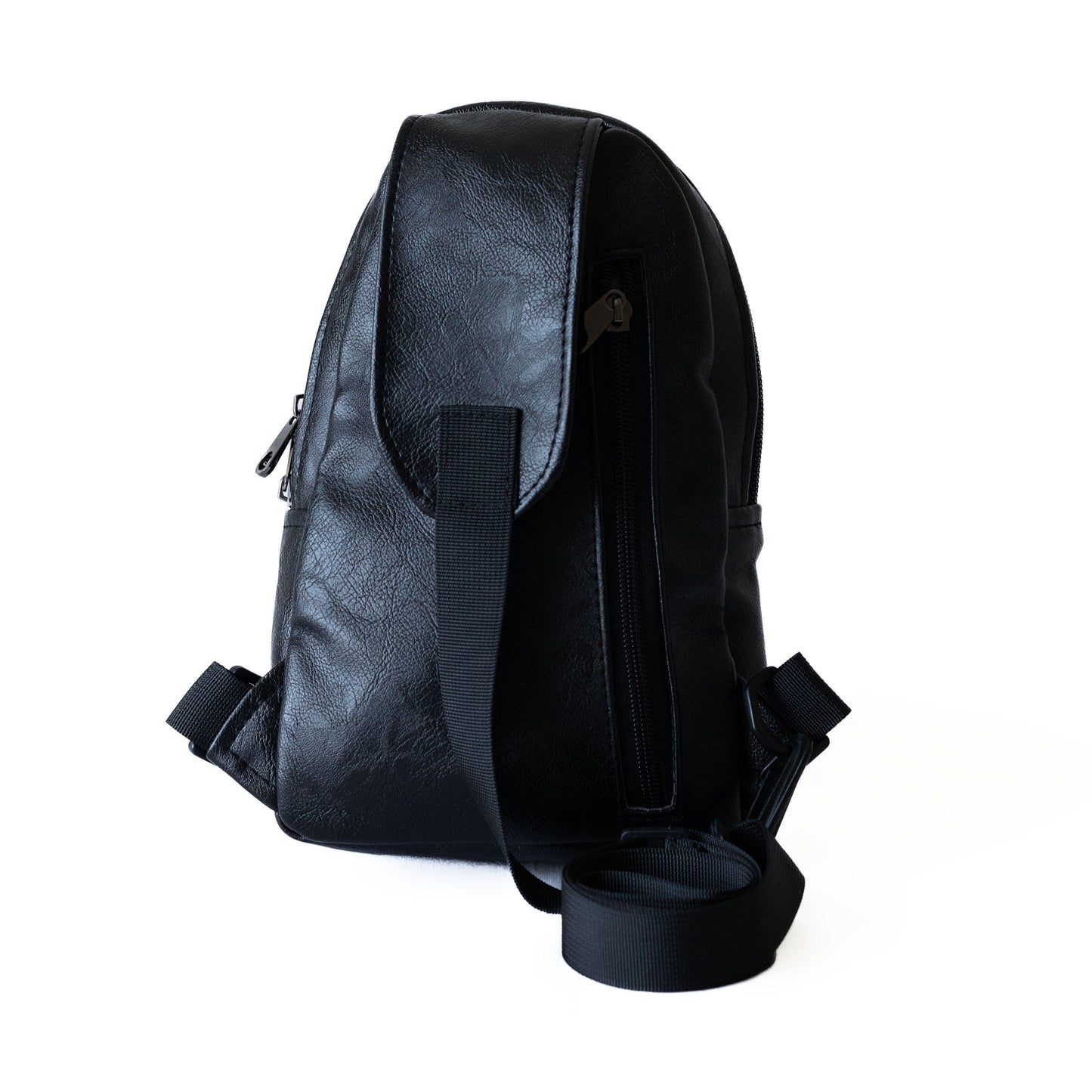 Buru black vegan leather women sling bag worn #color_black