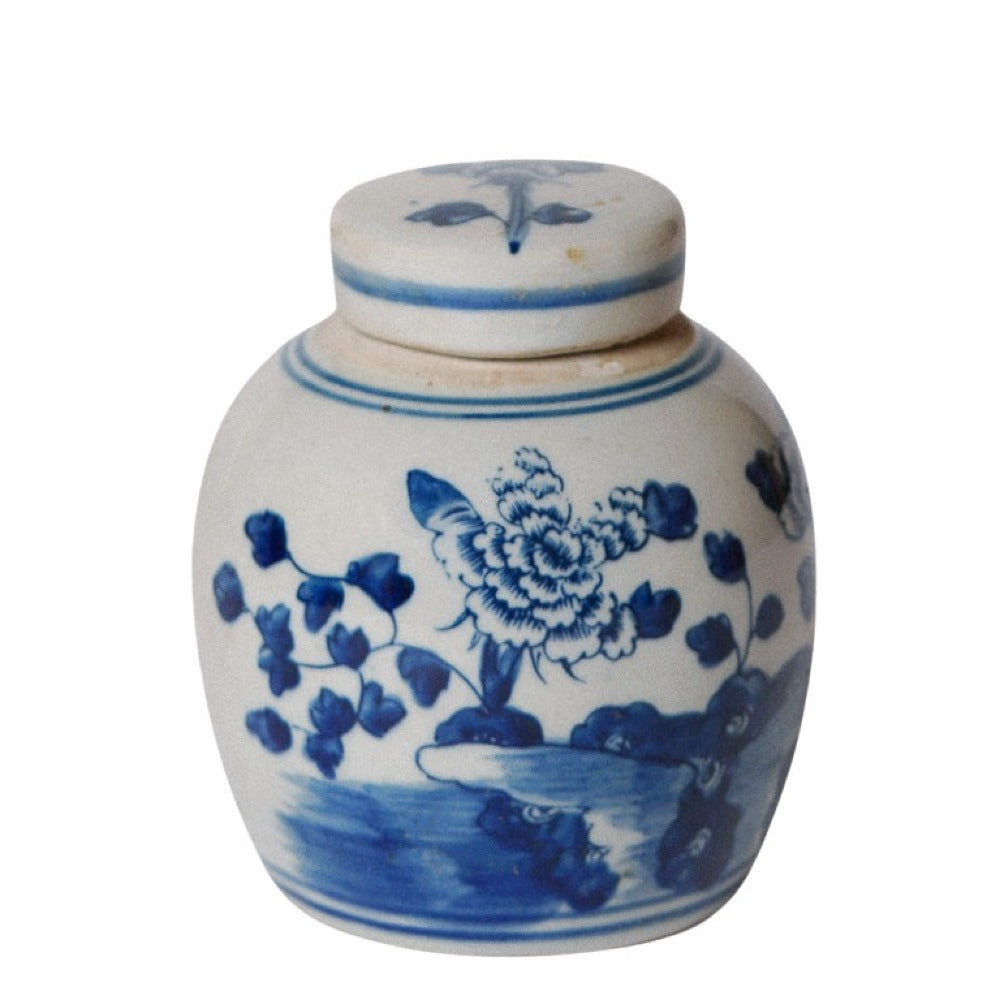 Blue and White Porcelain Mini Peony Floral Round Jar