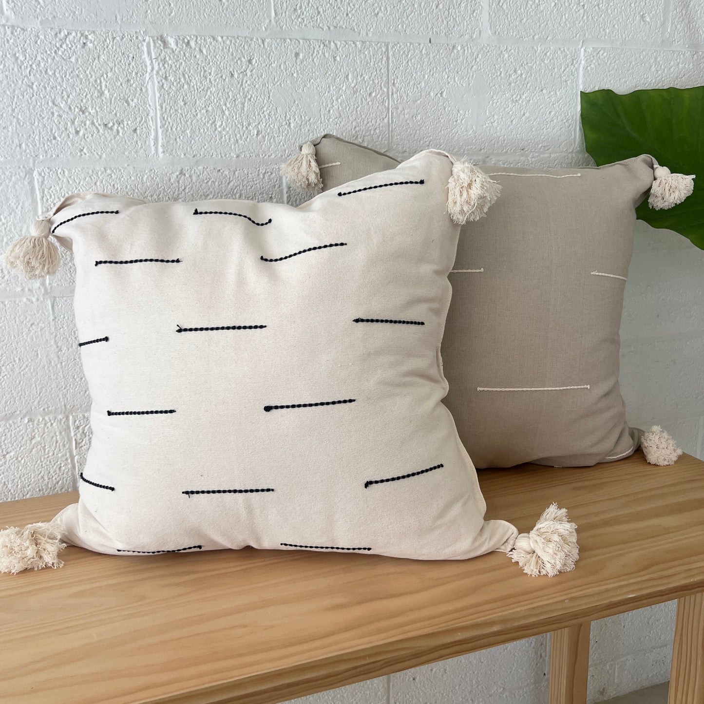 Cotton Tassel Pillow with Embroidered Detail