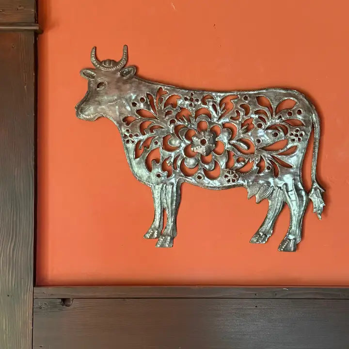 Haitian Metal Cow Wall Art 17x13 Hand Chiseled Recycled 