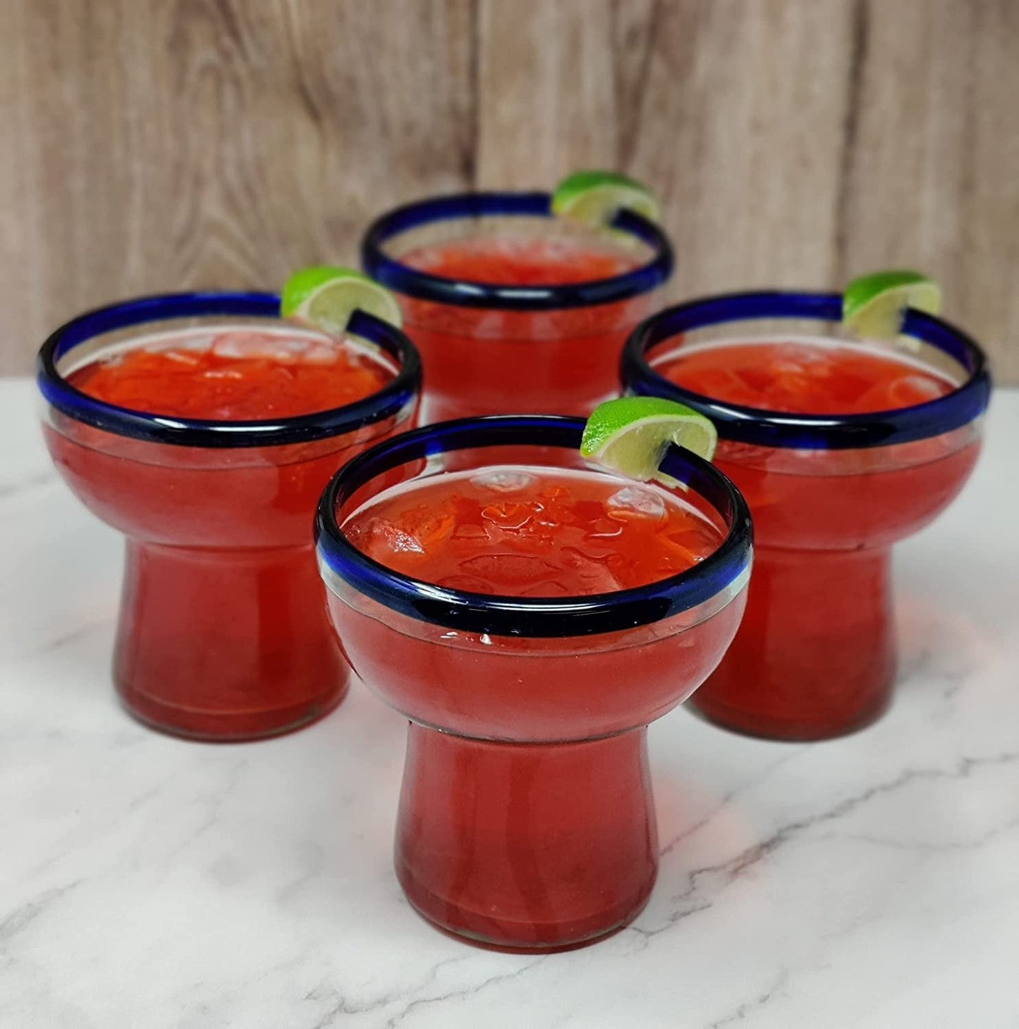 Set of 4 Hand Blown Stemless Blue Rim Margarita Glasses