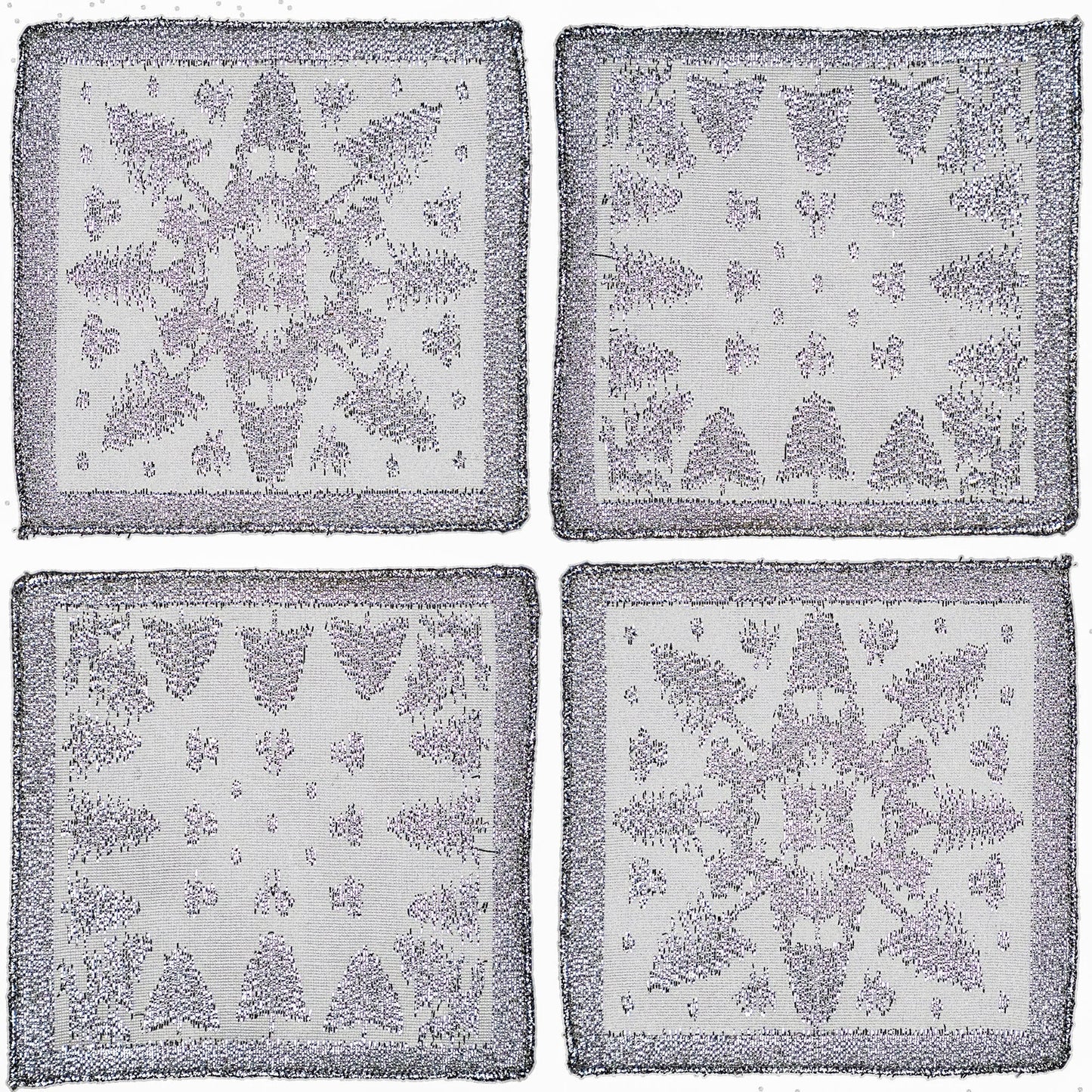 S/4 Scottish White Leno Gauze Cocktail Napkins - Silver Lurex