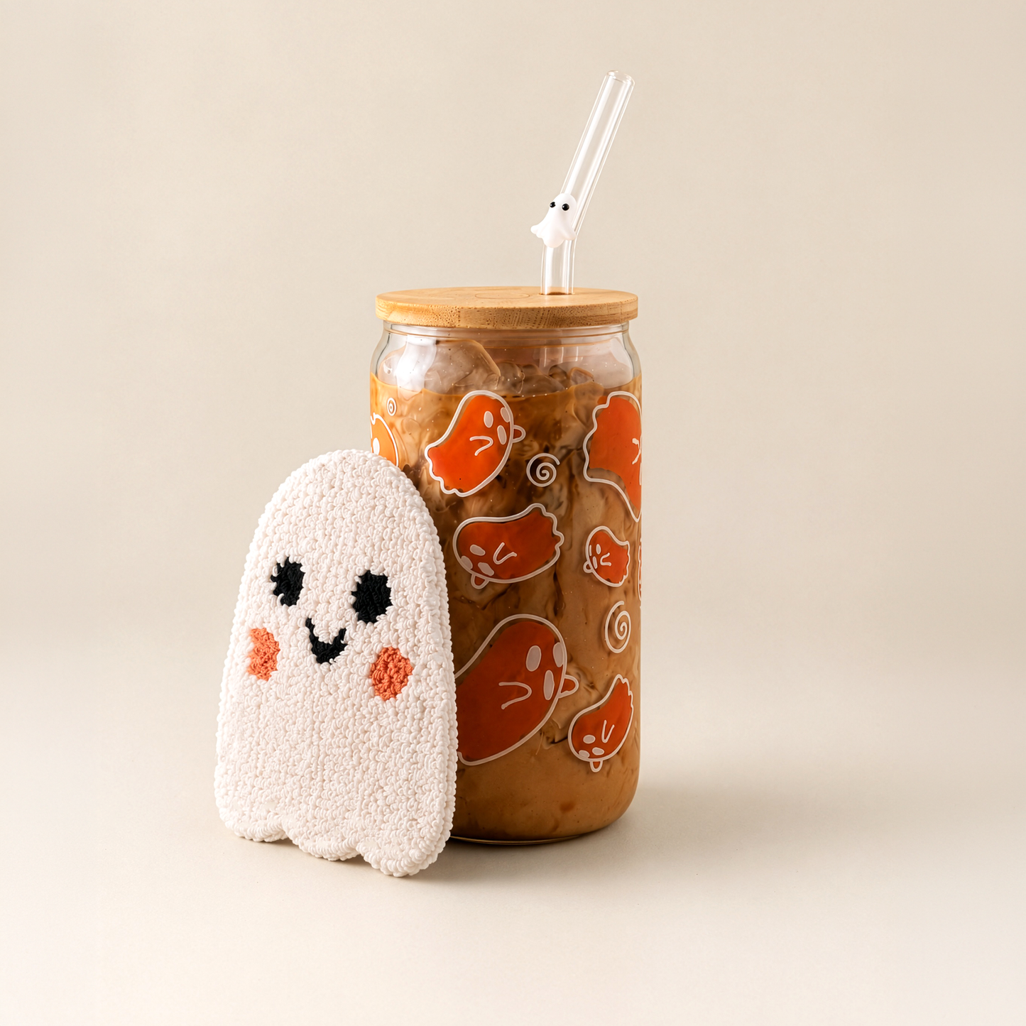 Color-Changing Ghostie 16oz Glass Cup, Mug Rug & Straw Bundle
