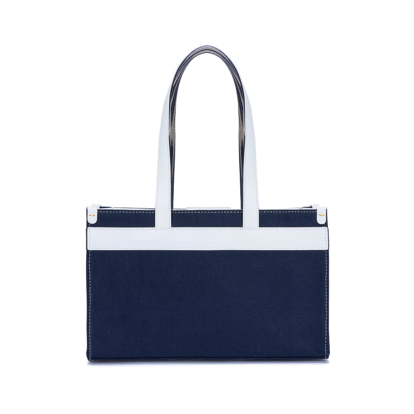 Midi Navy Leather & Canvas Tote Bag with Pockets