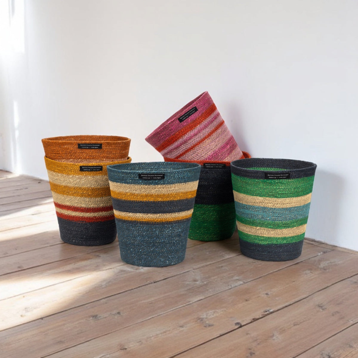 Striped Seagrass Waste Paper Basket in Pompadour / Midnight