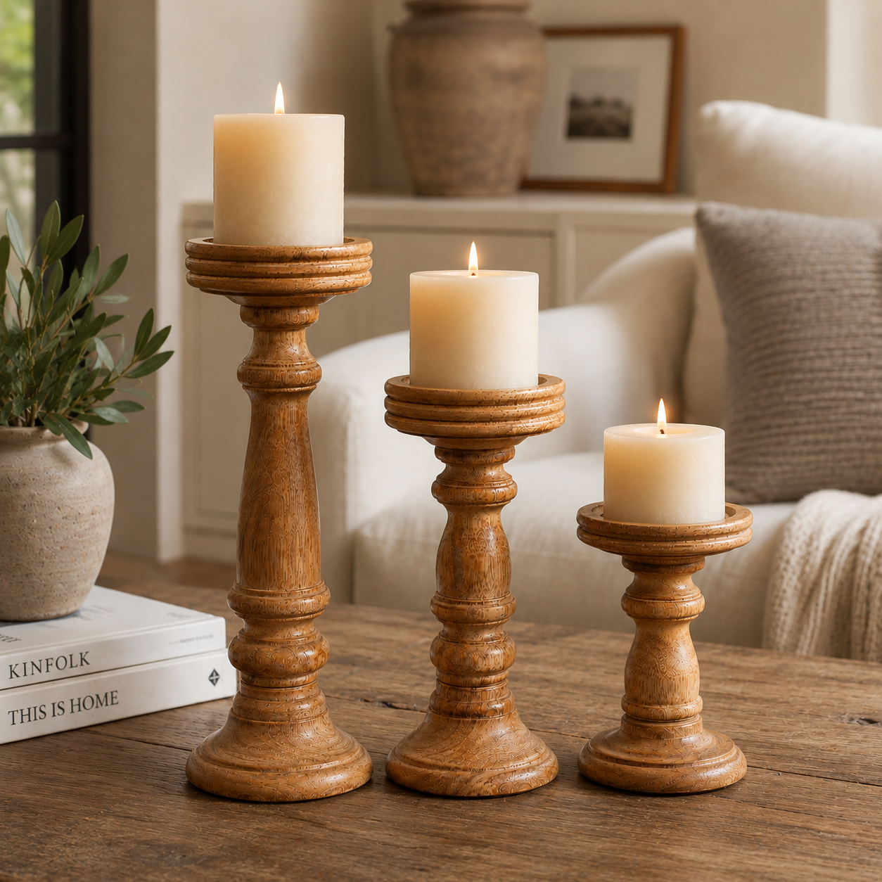 Chennai Mango Wood Candle Holders - Medium Polish, Set of 3