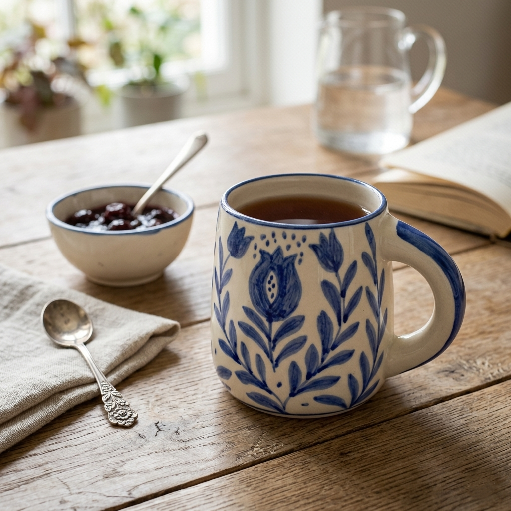 Casa Amarosa Blue Anaar Handpainted Stoneware Coffee Mug – 3.5x3 Inch