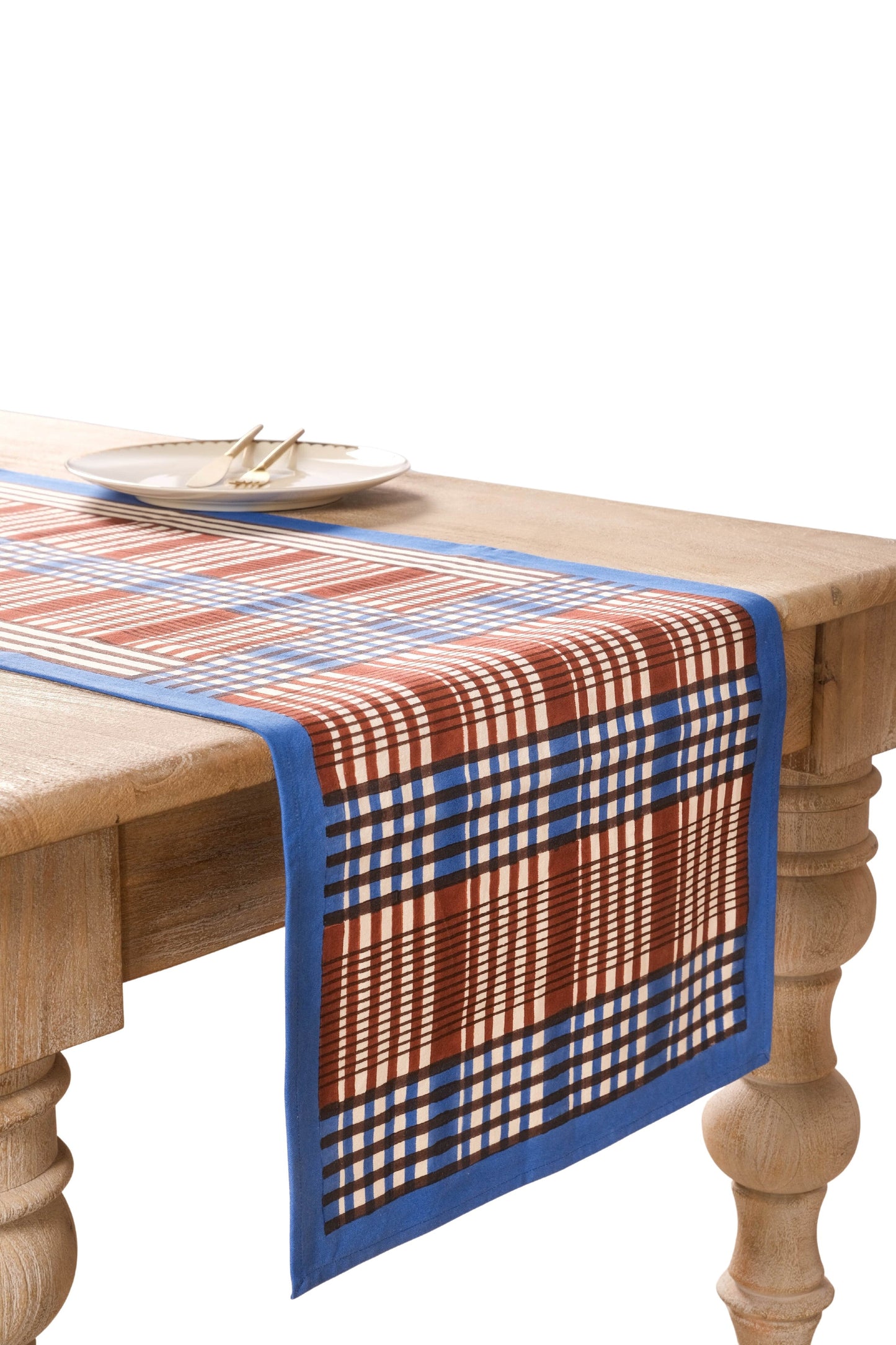 Shetland Plaid Blockprint Tablerunner in Brown and Blue