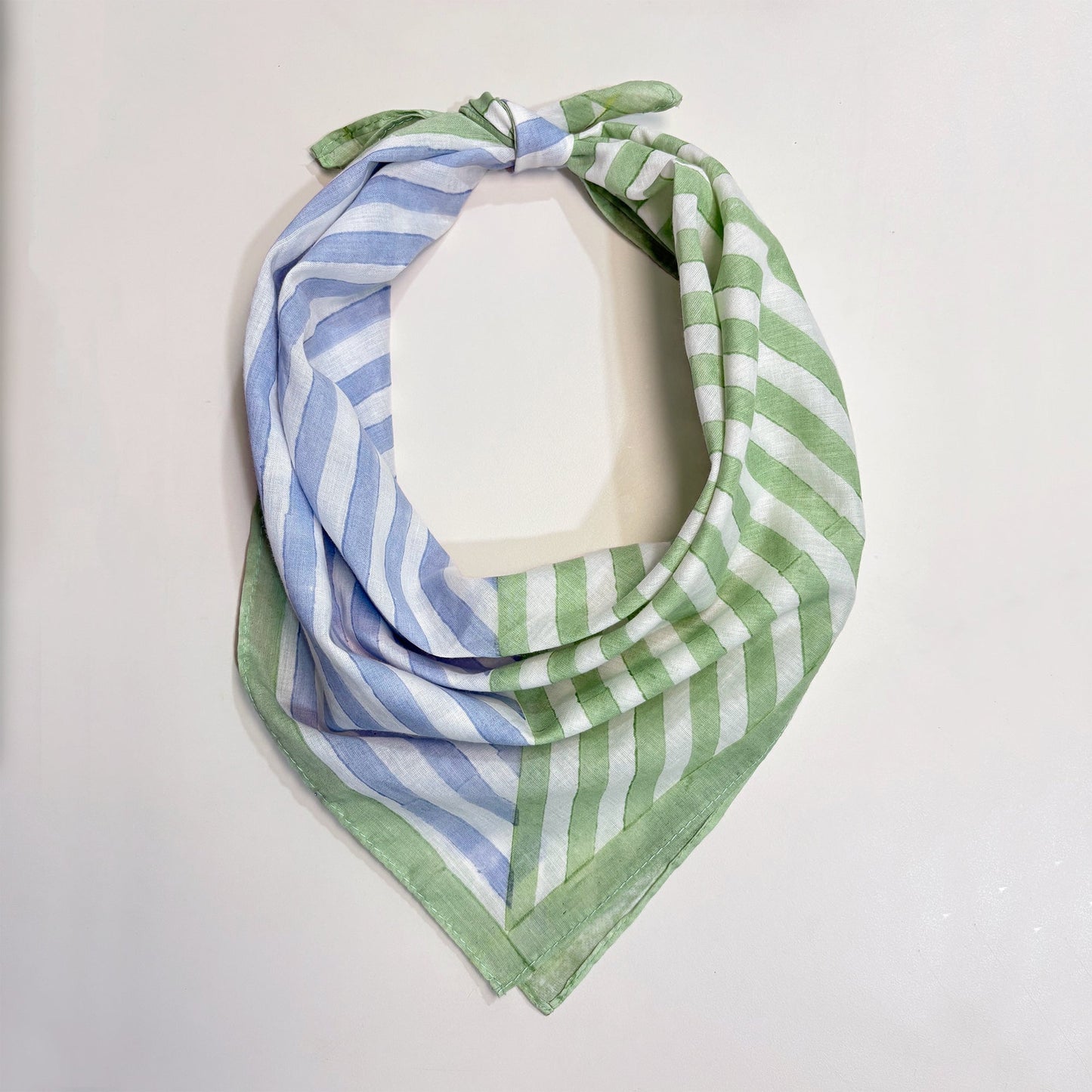 Handcrafted Cotton Square scarf | Bandana | Blue and Green Stripes