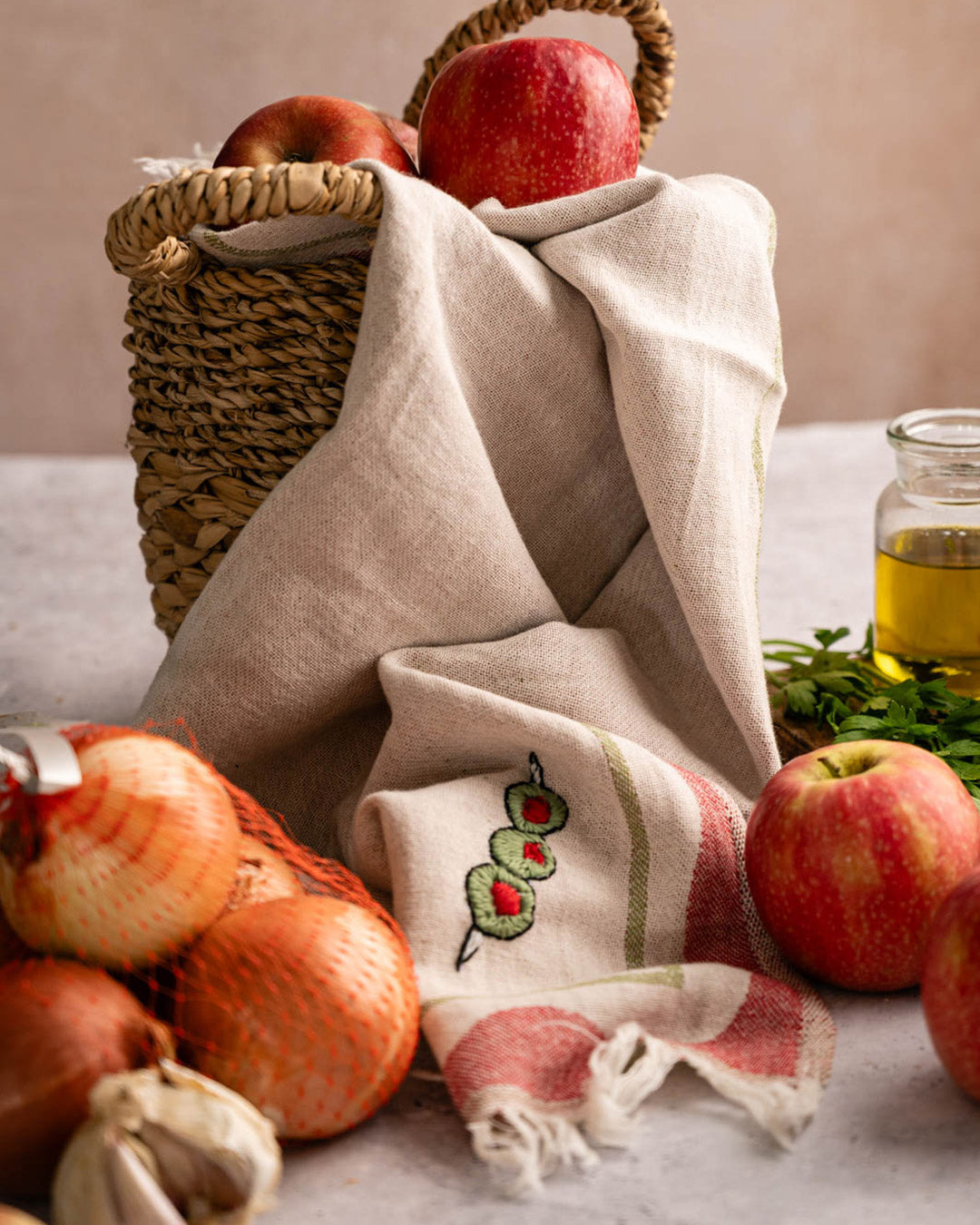 Olive Hand-Stitched Kitchen Towel Set