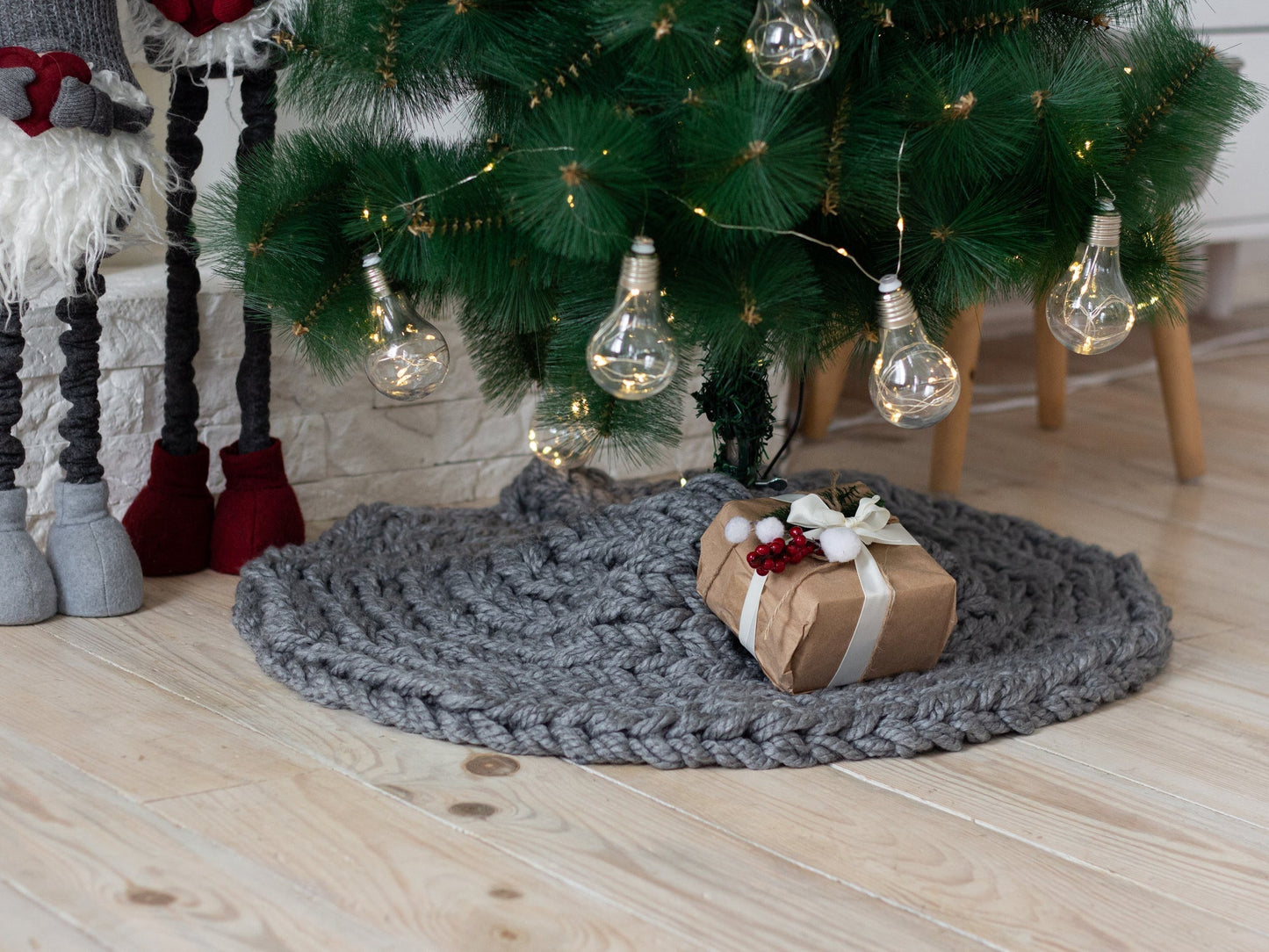 Gray Chunky-Knitted Christmas Tree Skirt | US Stock