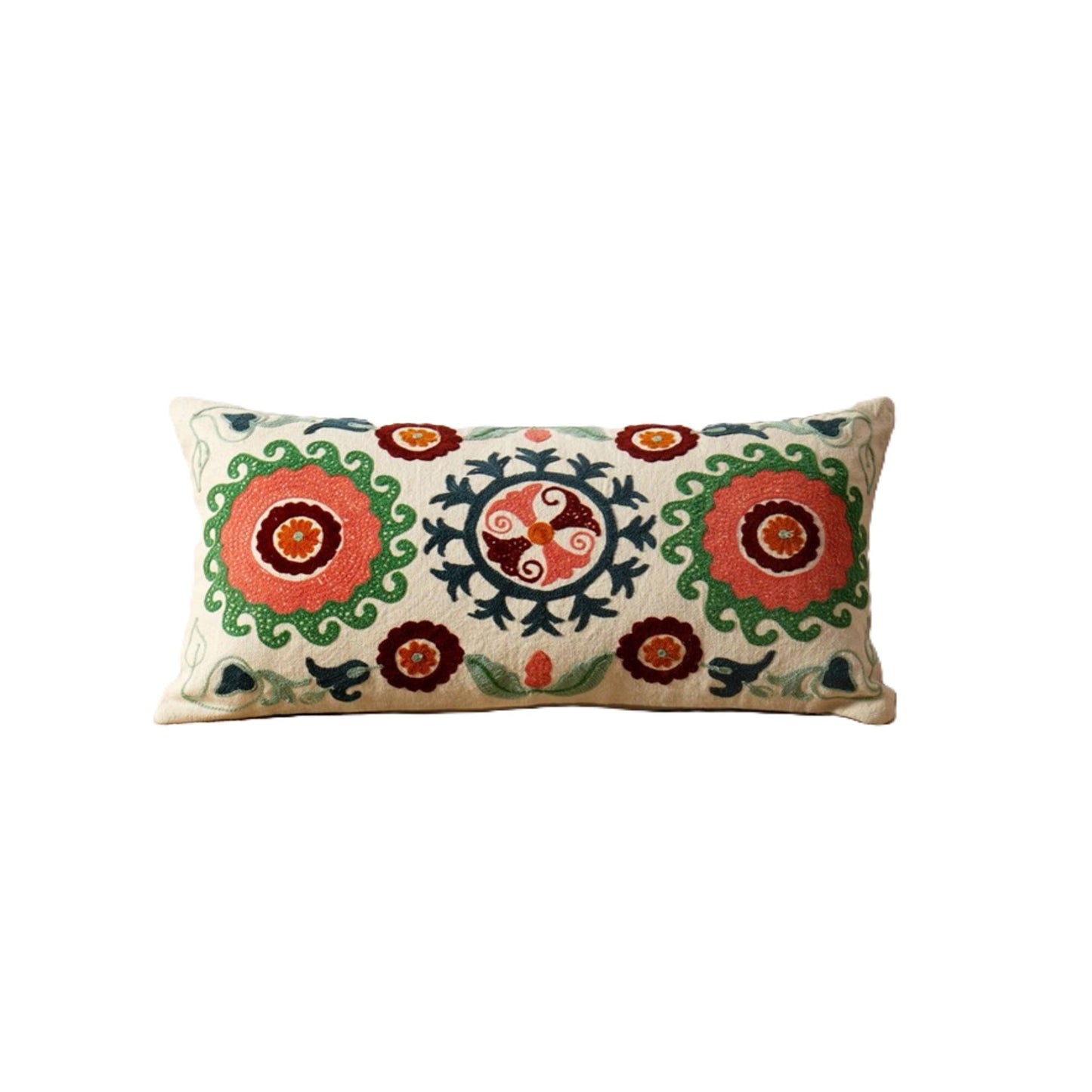 Suzani Embroidered Multicolor Lumbar Throw Pillow - 26" X 14"