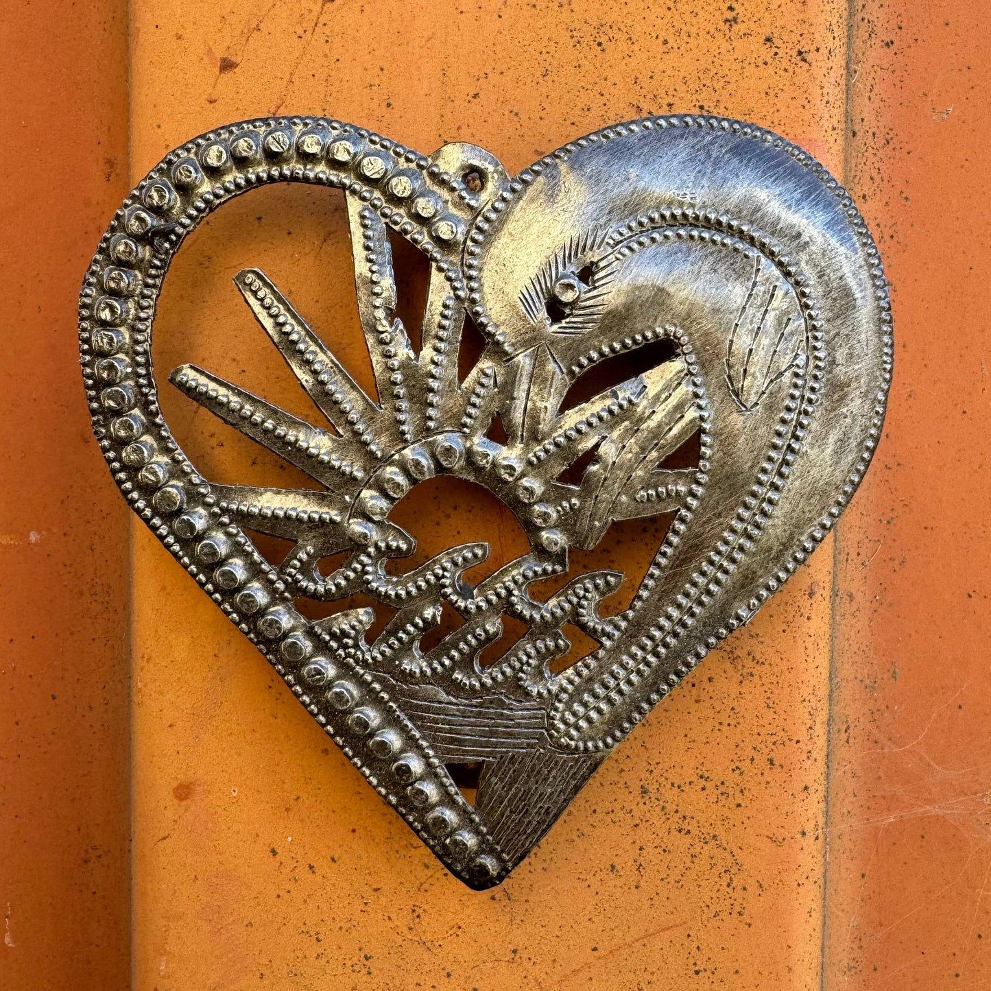Handcrafted Dolphin Heart Ornament - Haitian Metal Art, 4.5"