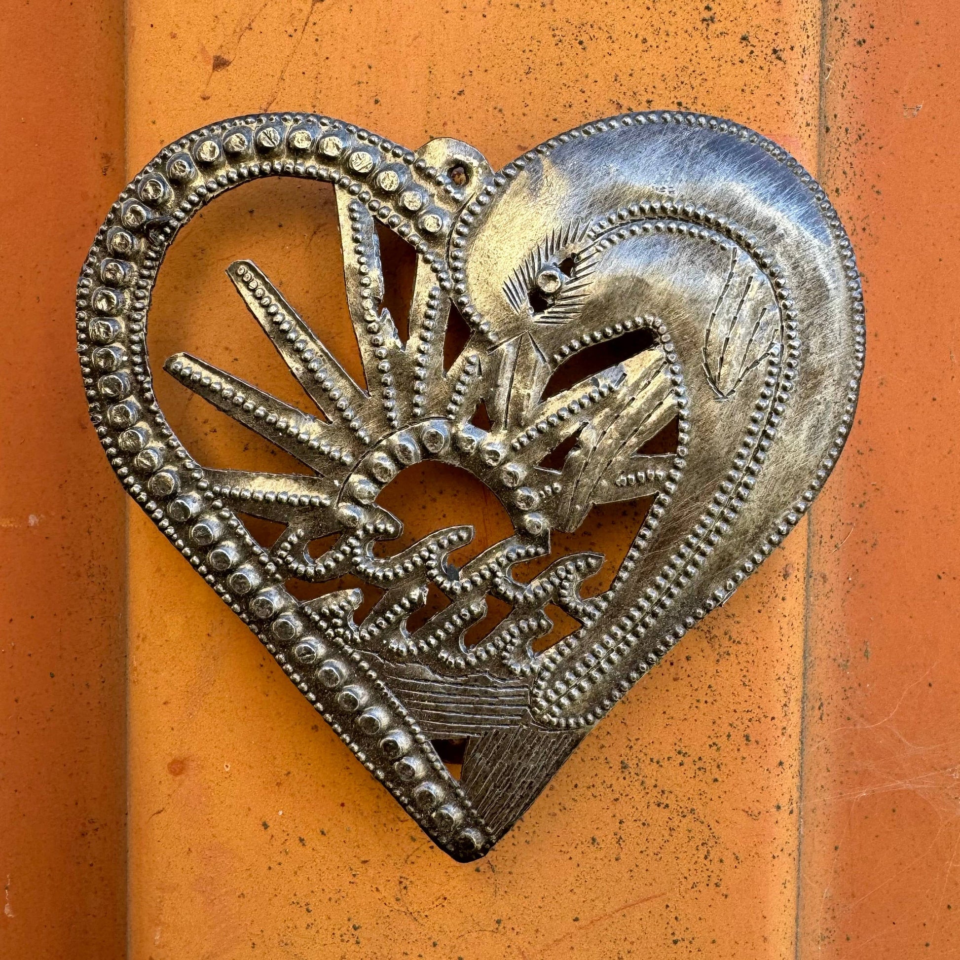 Handcrafted Dolphin Heart Ornament - Haitian Metal Art, 4.5"