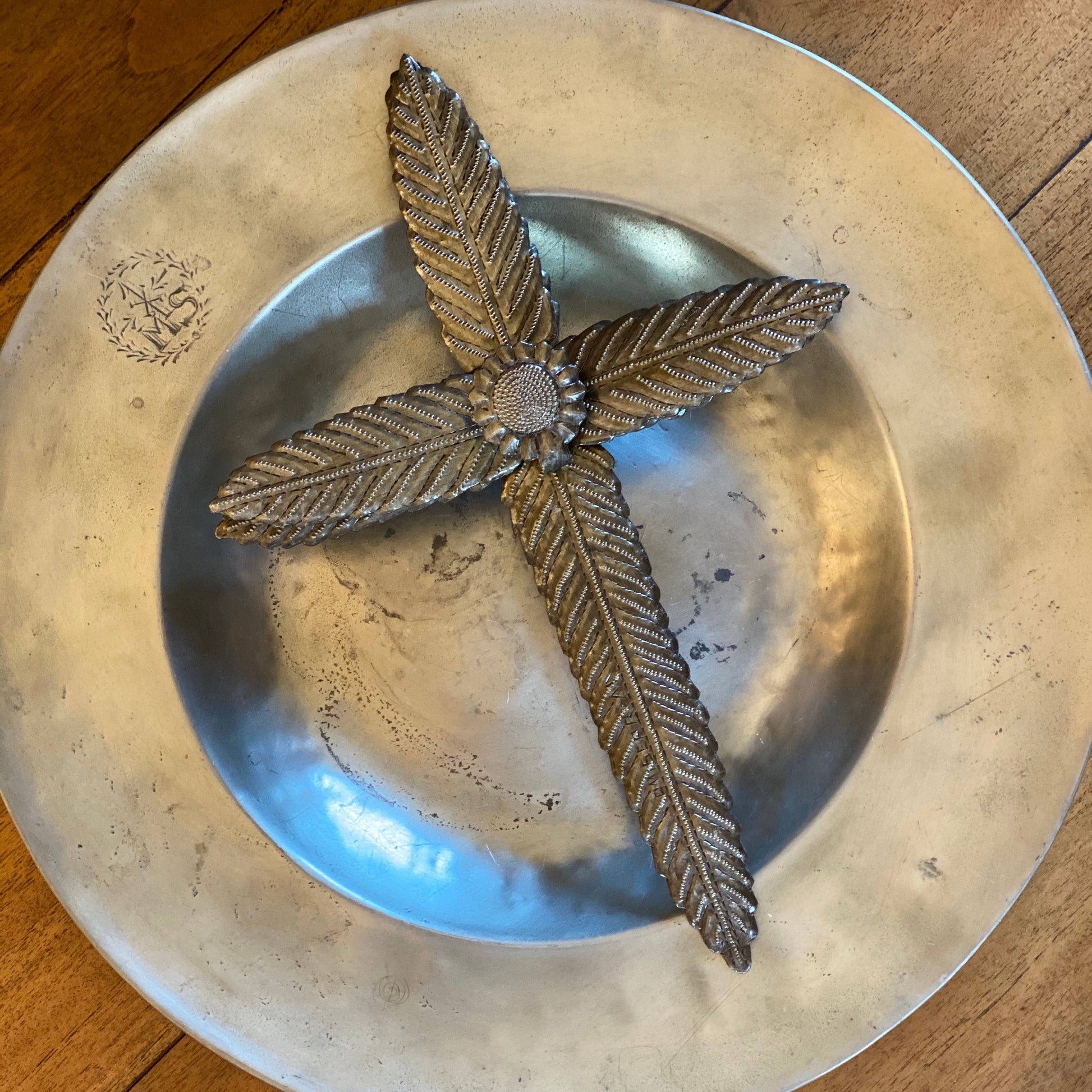 Handmade Haitian Metal Wall Cross 8x13 w/ Center Flower