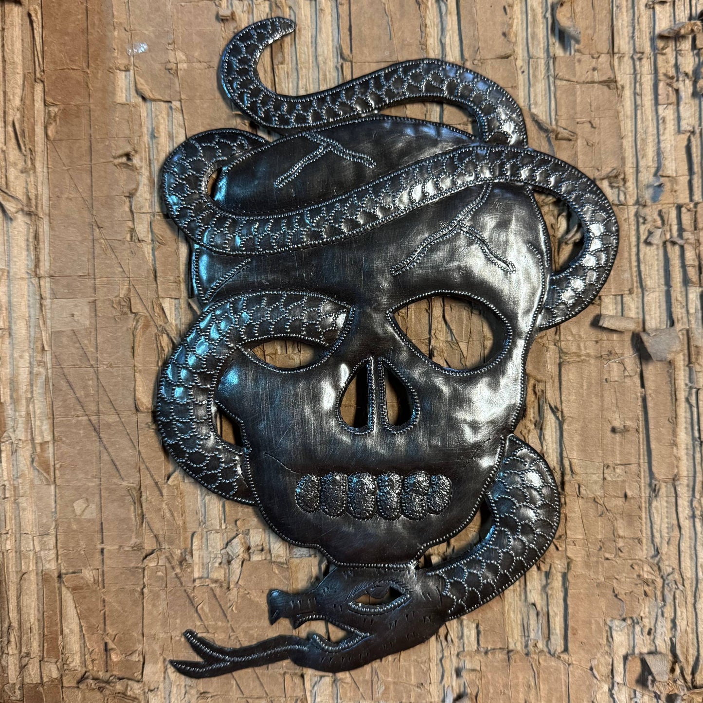Skull Skeleton with Snake, Haitian Metal Art 10"x7"