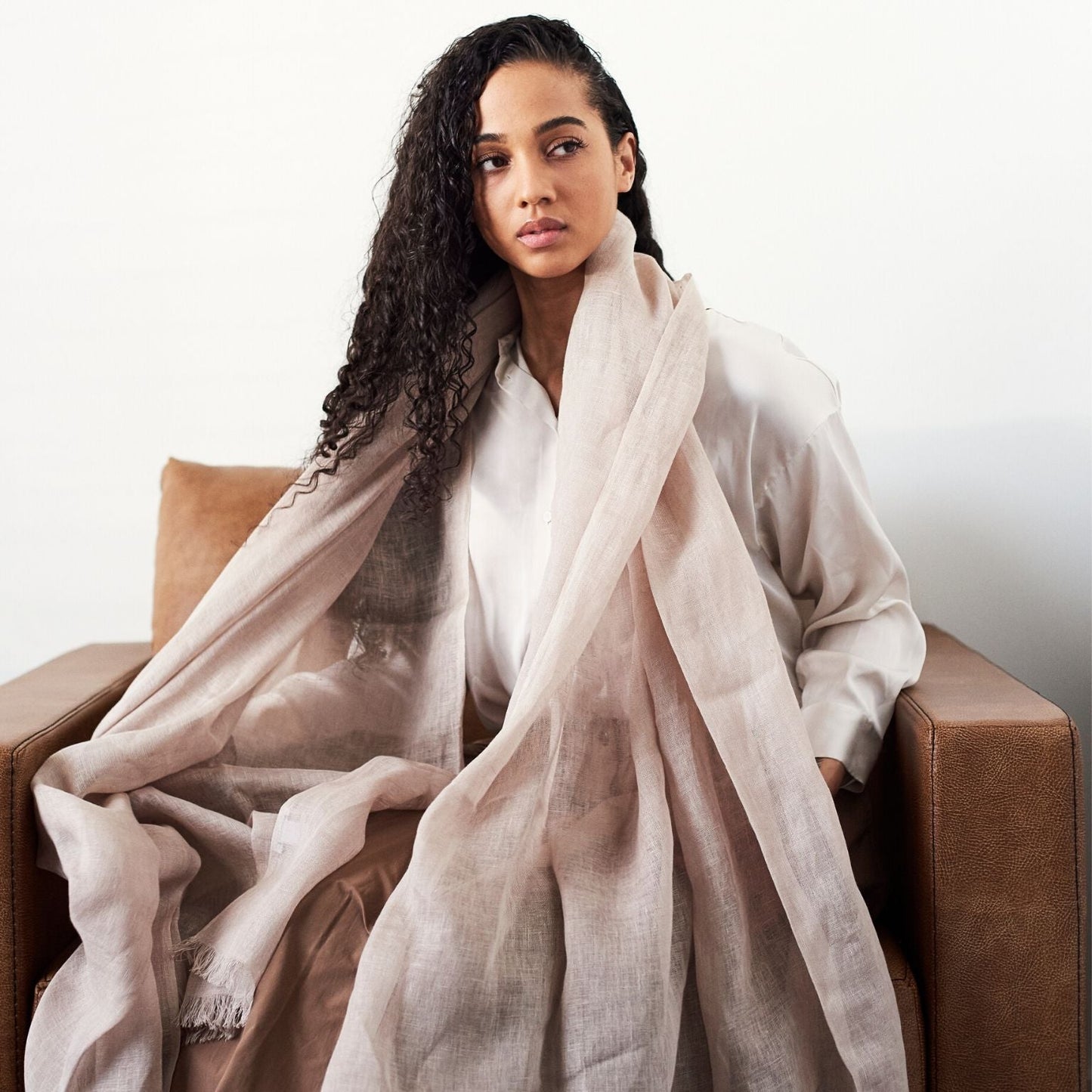 Oat Beige Neutral Hand Woven Soft Linen Silk Scarf