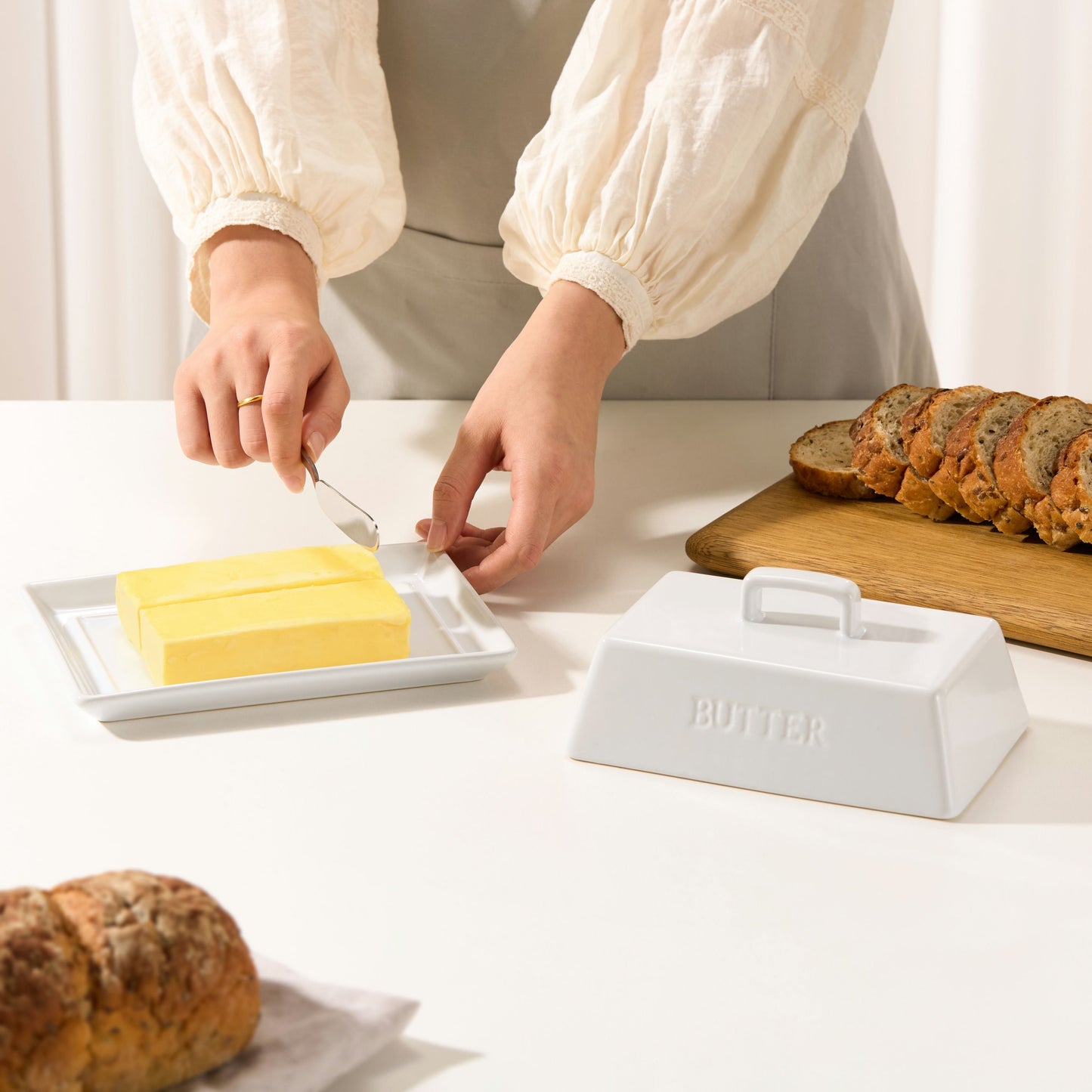 Ceramic Extra Large Butter Dish with Lid, White