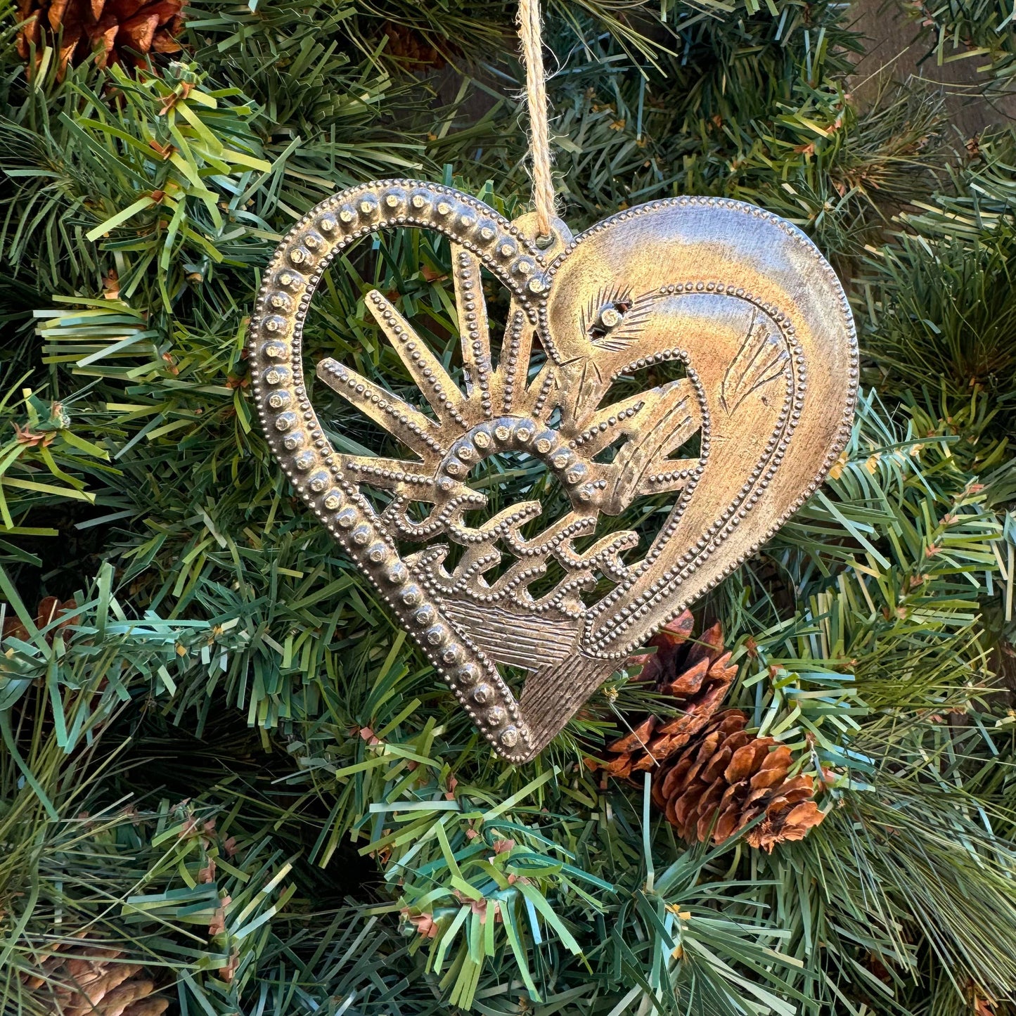 Handcrafted Dolphin Heart Ornament - Haitian Metal Art, 4.5"