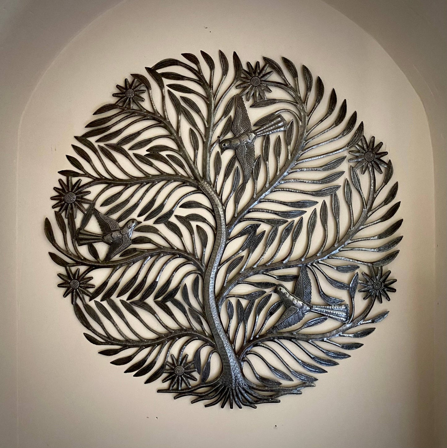 Delicate Cut Tree with Birds, Haitian Wall Hanging 23 Inch