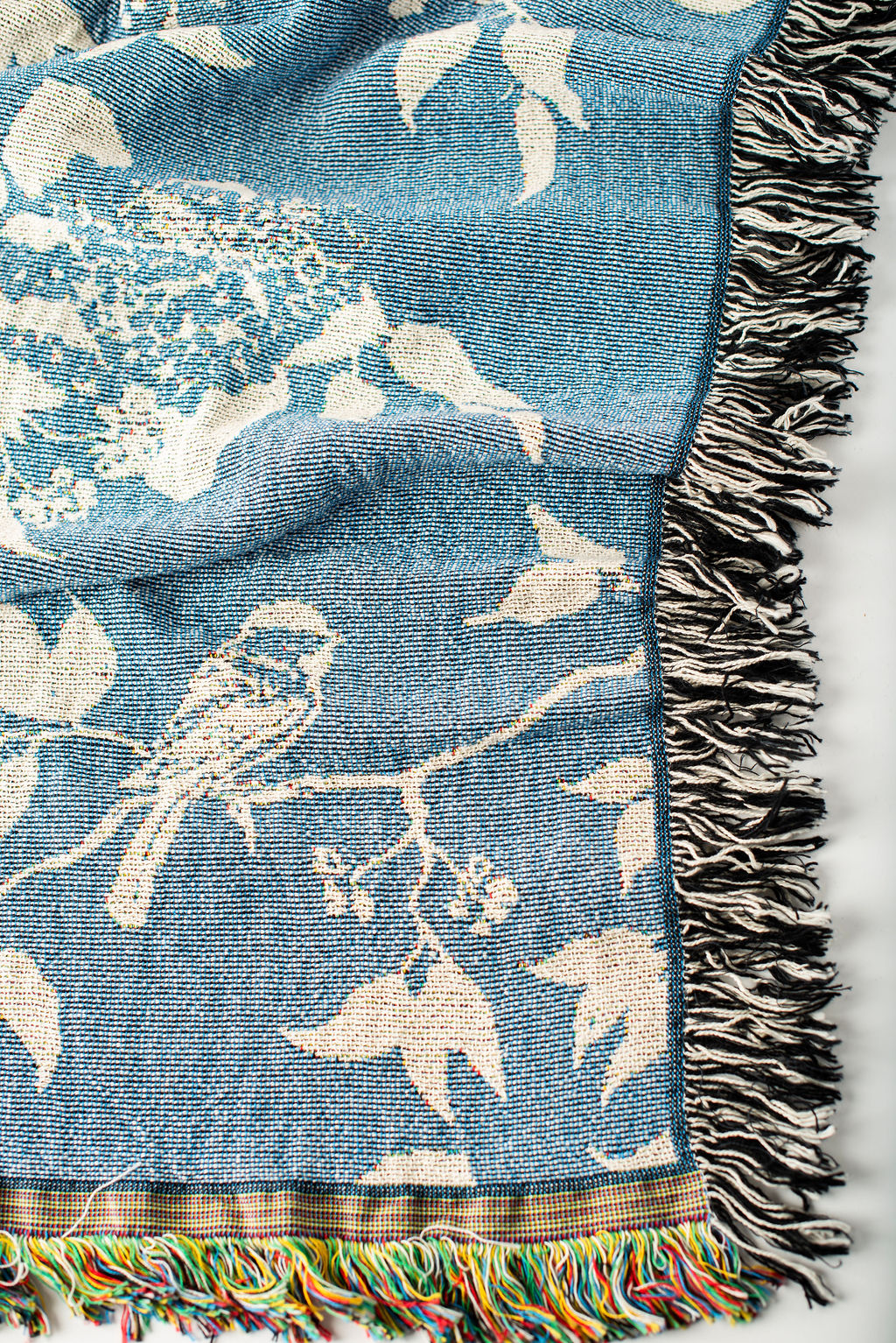 Blue Bird and Botanical Jacquard Woven Throw