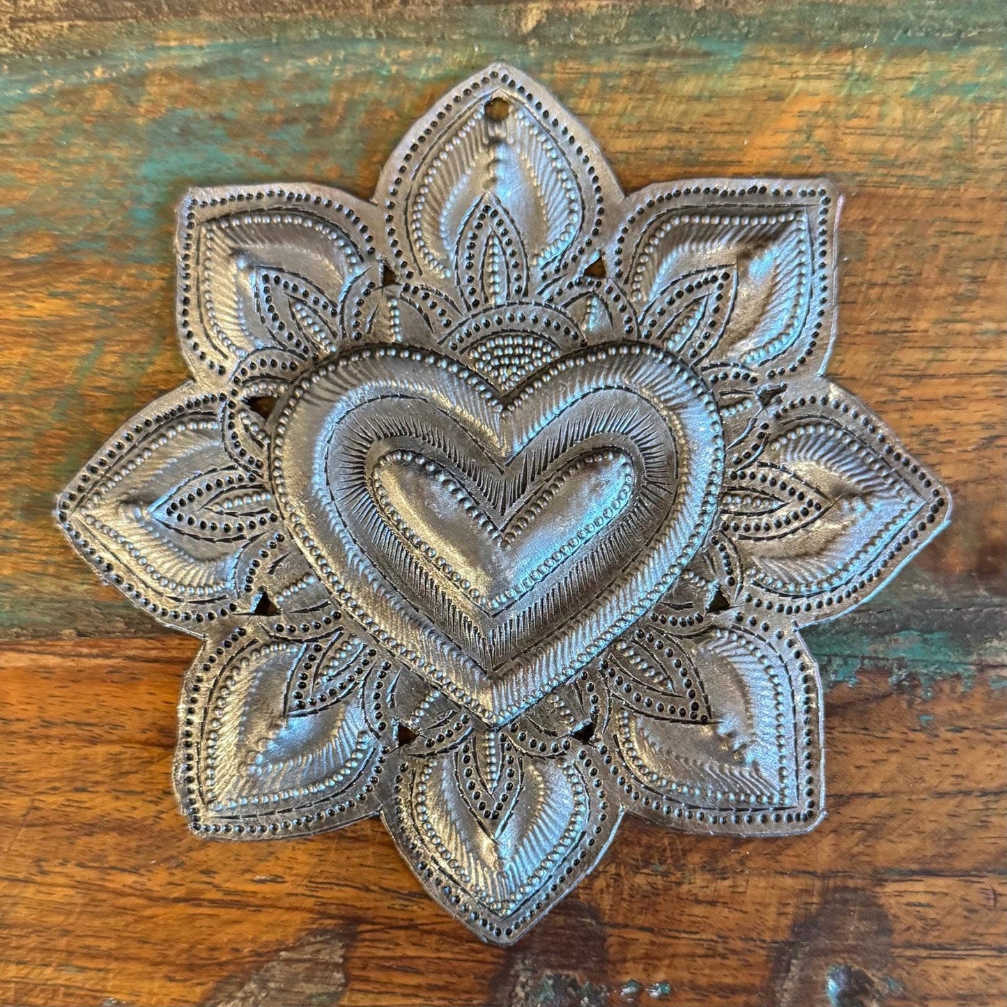 Handcrafted Sacred Heart with Floral Detail 4.75"X4.75"