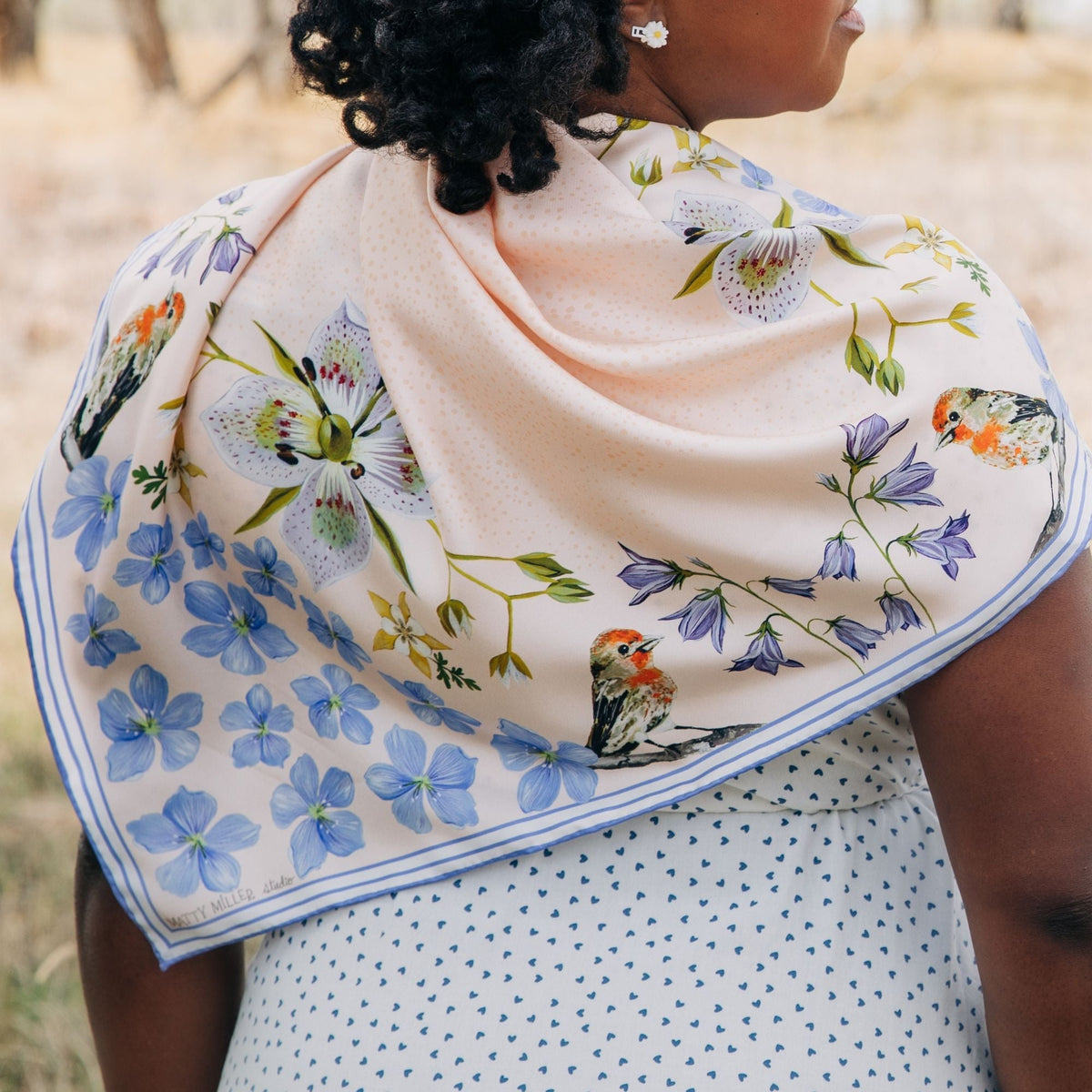 100% Silk Scarf: Pink Gentian - Wildflower Bird Design
