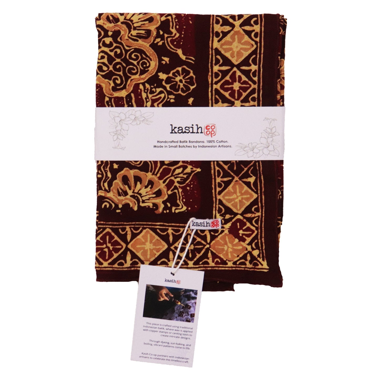 Large 39" Hand Dyed Batik Bandana, 100% Soft Cotton, Sunlit Garden, Red Burgundy