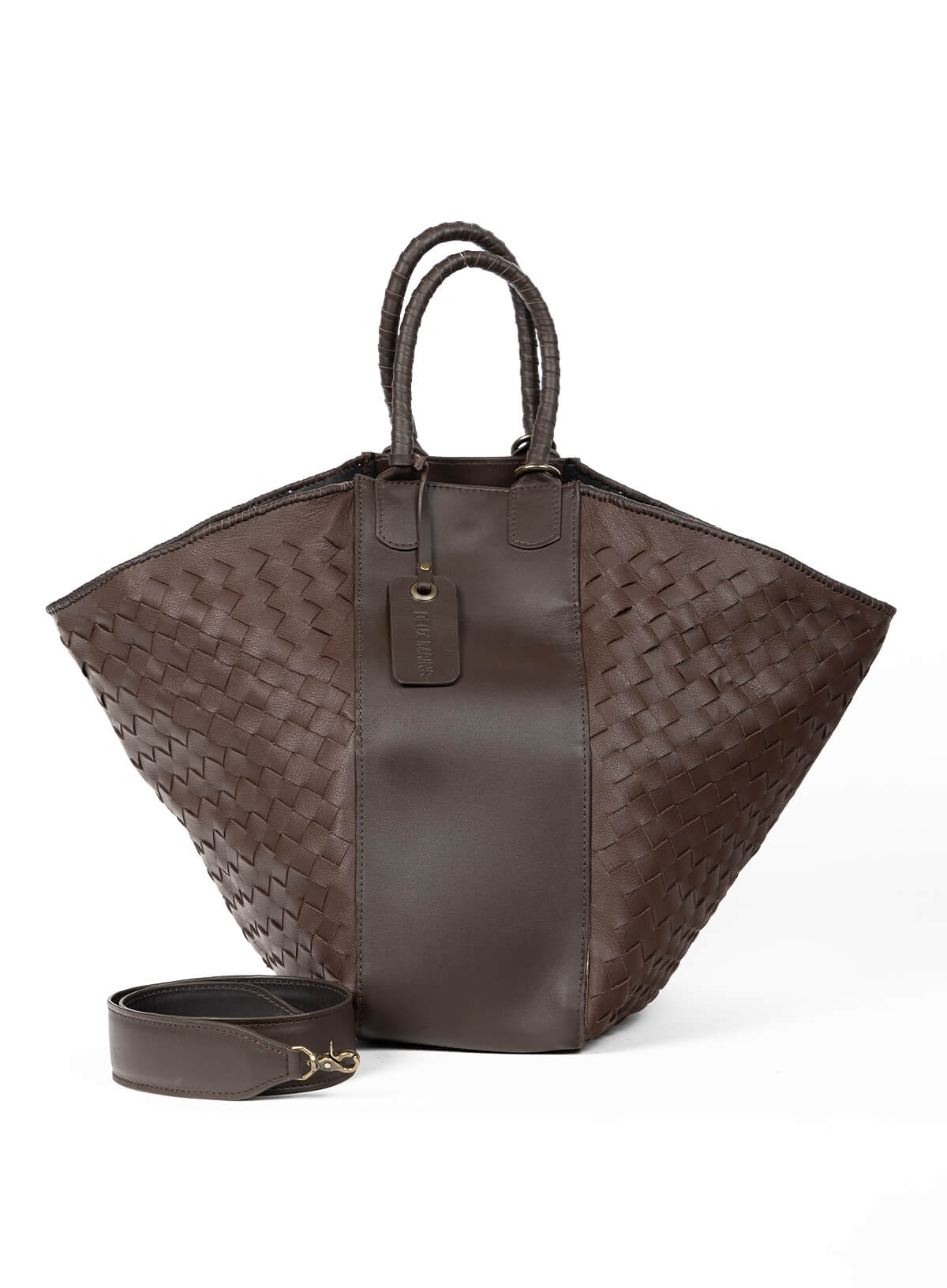 Brown woven handbag with matching strap on a white background