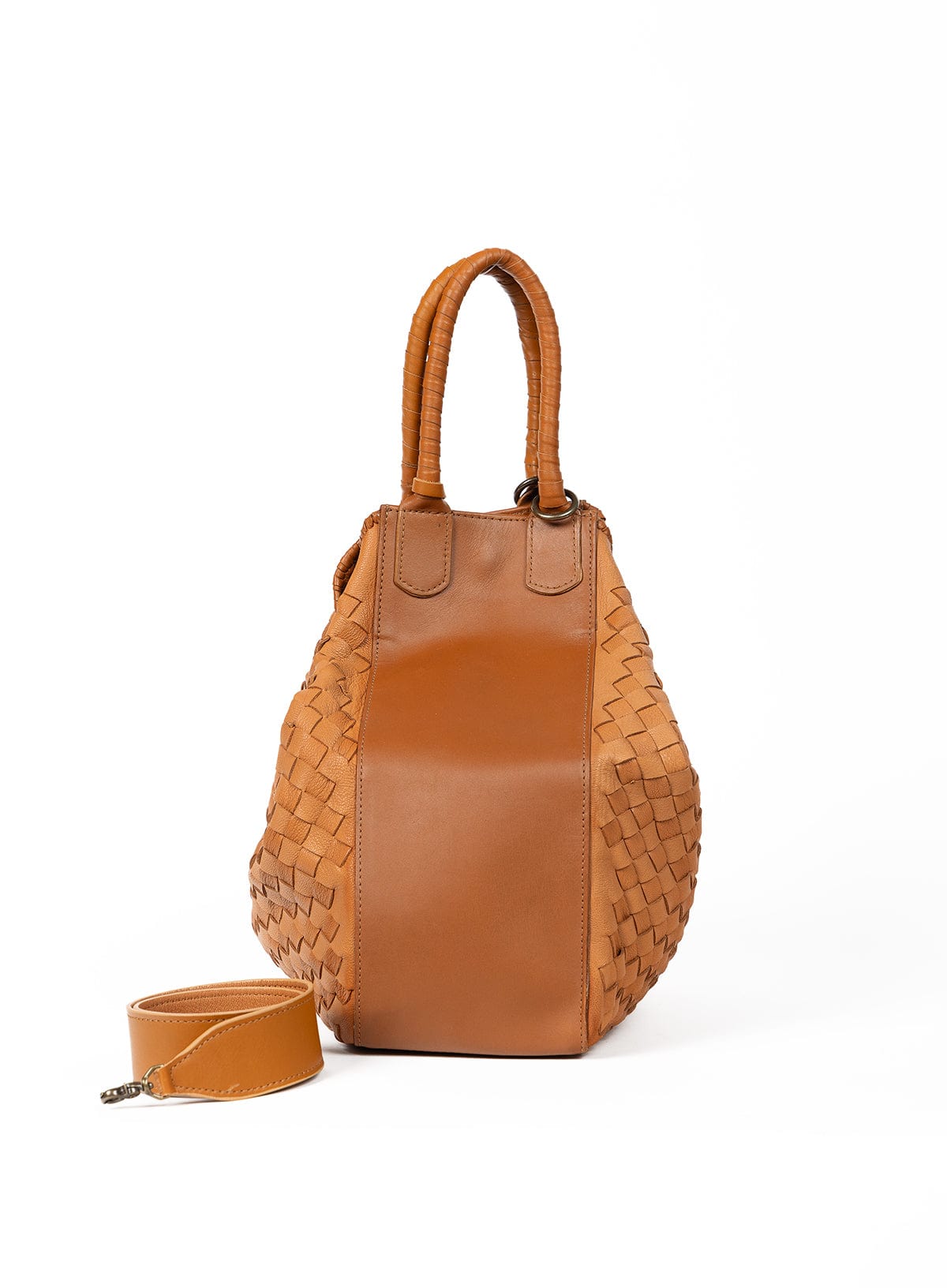 Two-tone-camel  woven handbag with matching strap on a white background