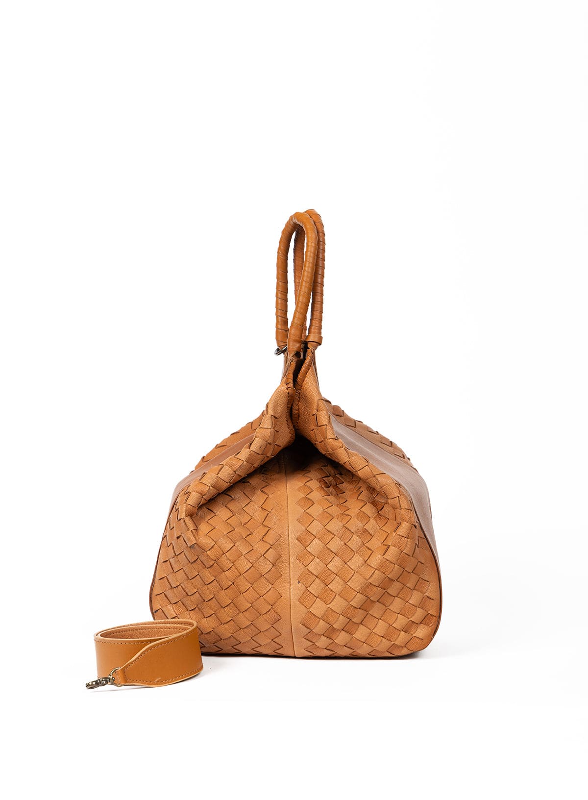 Two-tone-camel  woven handbag with matching strap on a white background