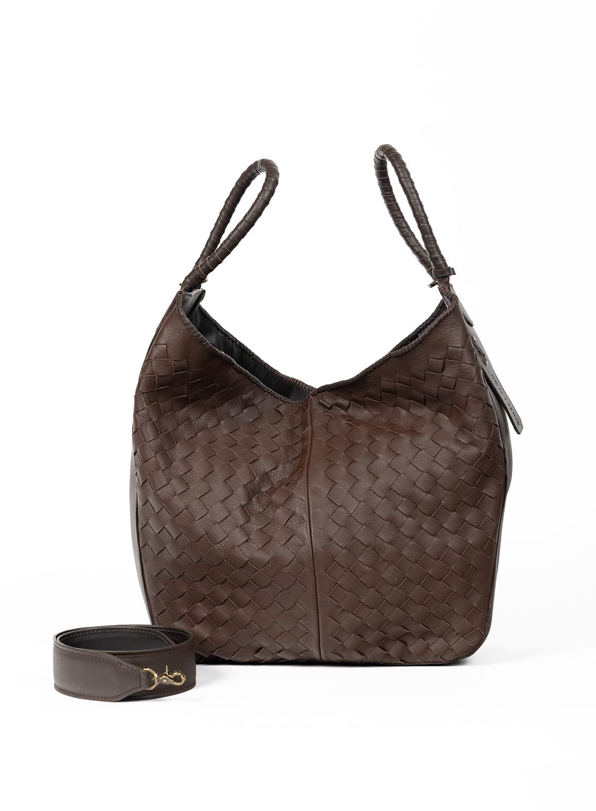 Brown woven handbag with matching strap on a white background