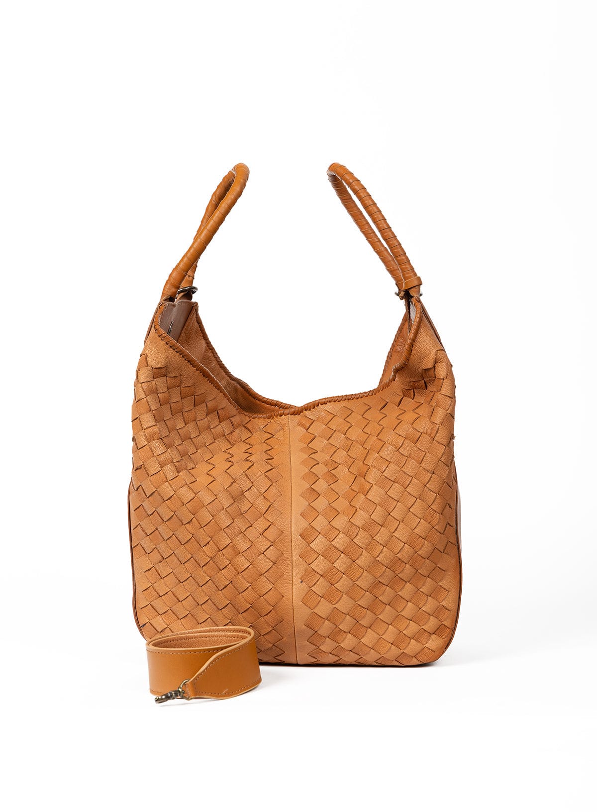 Two-tone-camel  woven handbag on a white background