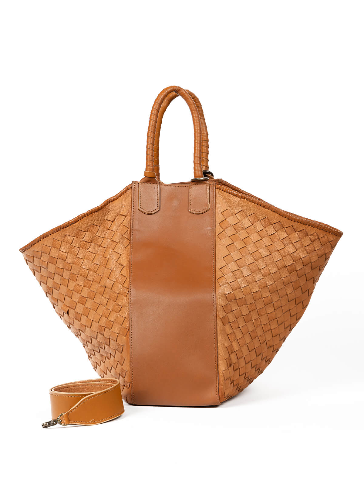 Two-tone-camel woven handbag with matching strap on a white background