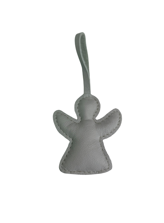 A small gray leather angel-shaped hanging ornament with a stitched edge and a loop at the top, shown on a plain white background.