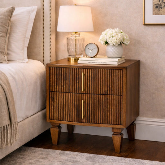 Solid Wood Harper Ribbed Chestnut Bedside 2 Drawers Brown