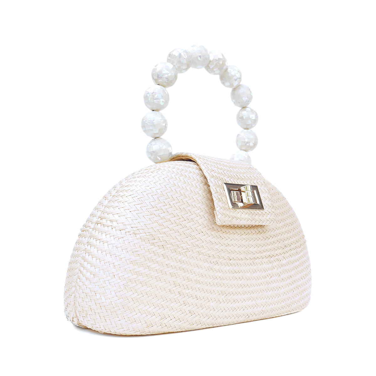THE ORLA Cream Woven Straw & Shell Pearl Bead Statement Clutch Bag