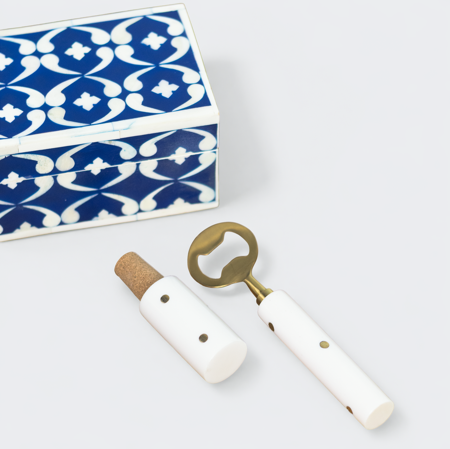 S/2 Lattice Bar Accessories Gift Set, Wooden Box with Bottle Opener & Stopper