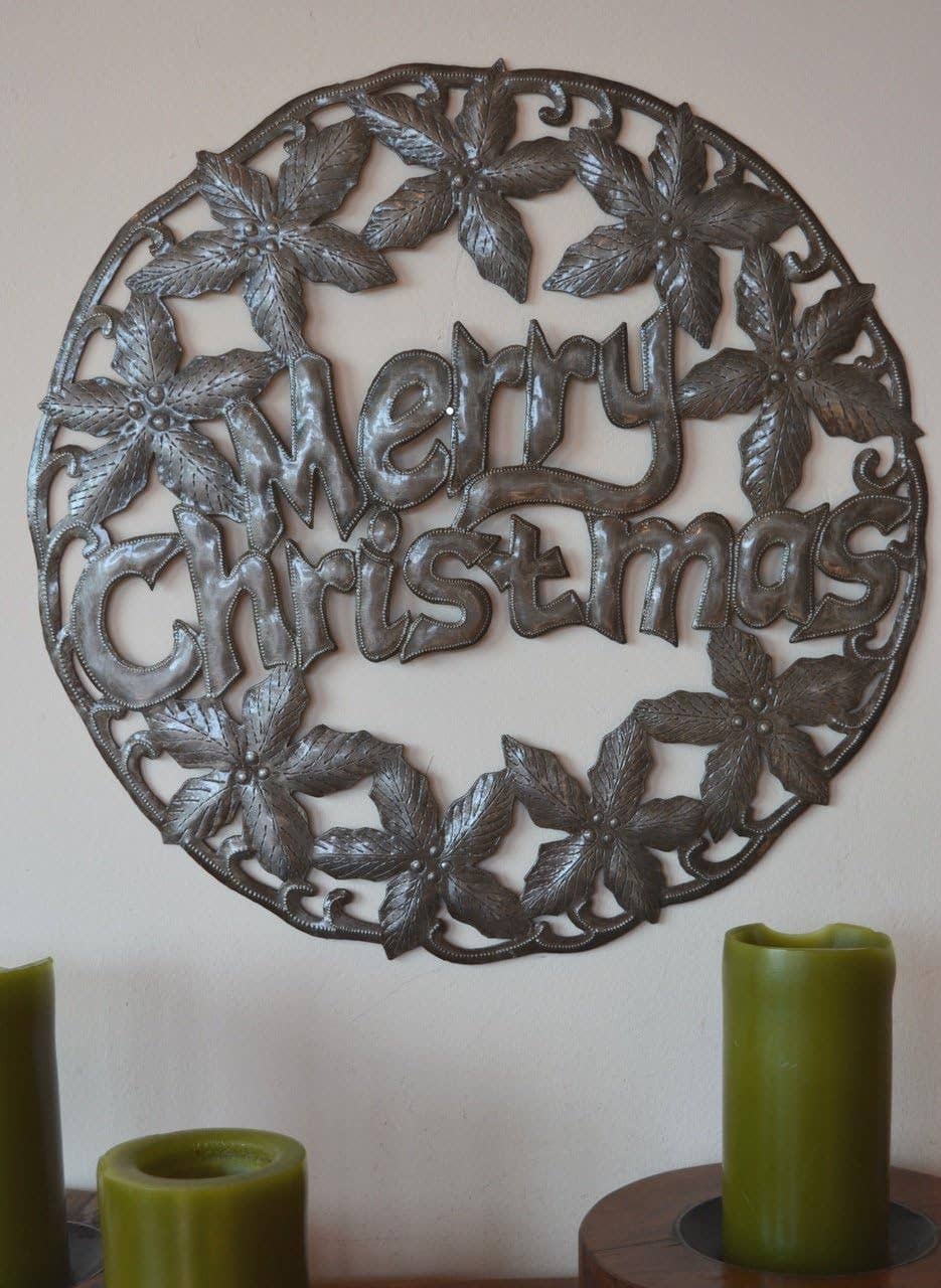 Merry Christmas Wall Plaque 17x17 Handmade Fair Trade Metal