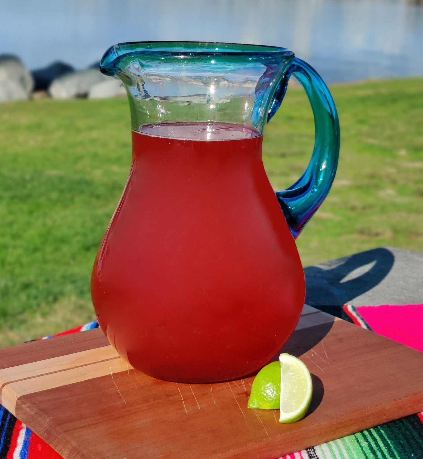 Hand Blown Glass Pitcher – Aqua Rim and Handle