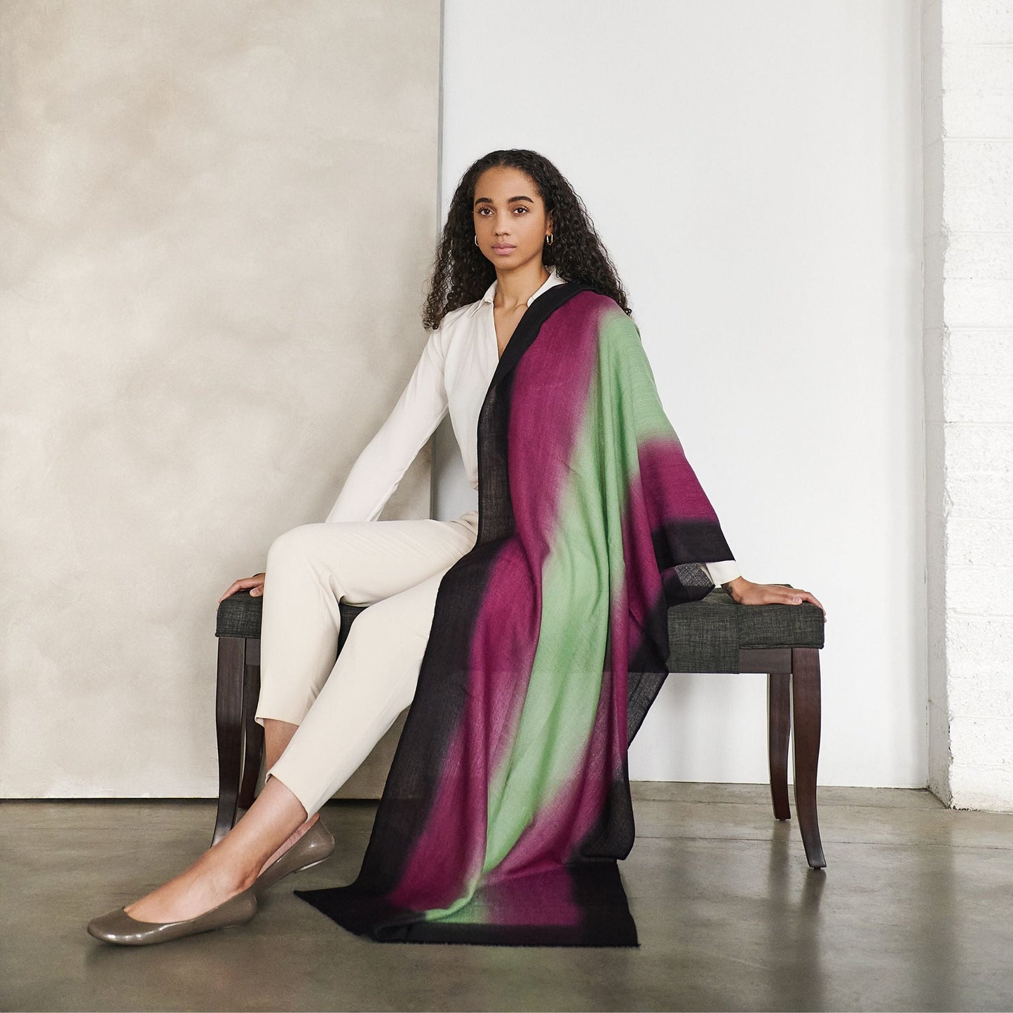 Iris Courtyard Green Purple Hand Woven Cashmere Merino Scarf