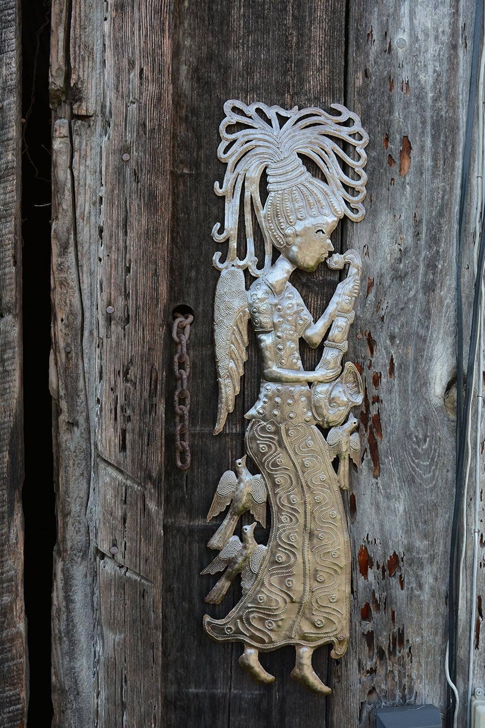 Angel Playing Sax to the Birds Haitian Metal Wall Art