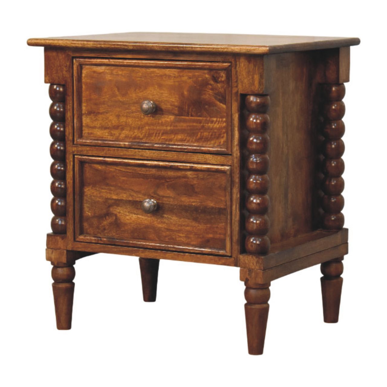 Solid Wood Spindle Beaded Bedside Table 2 Drawers Brown