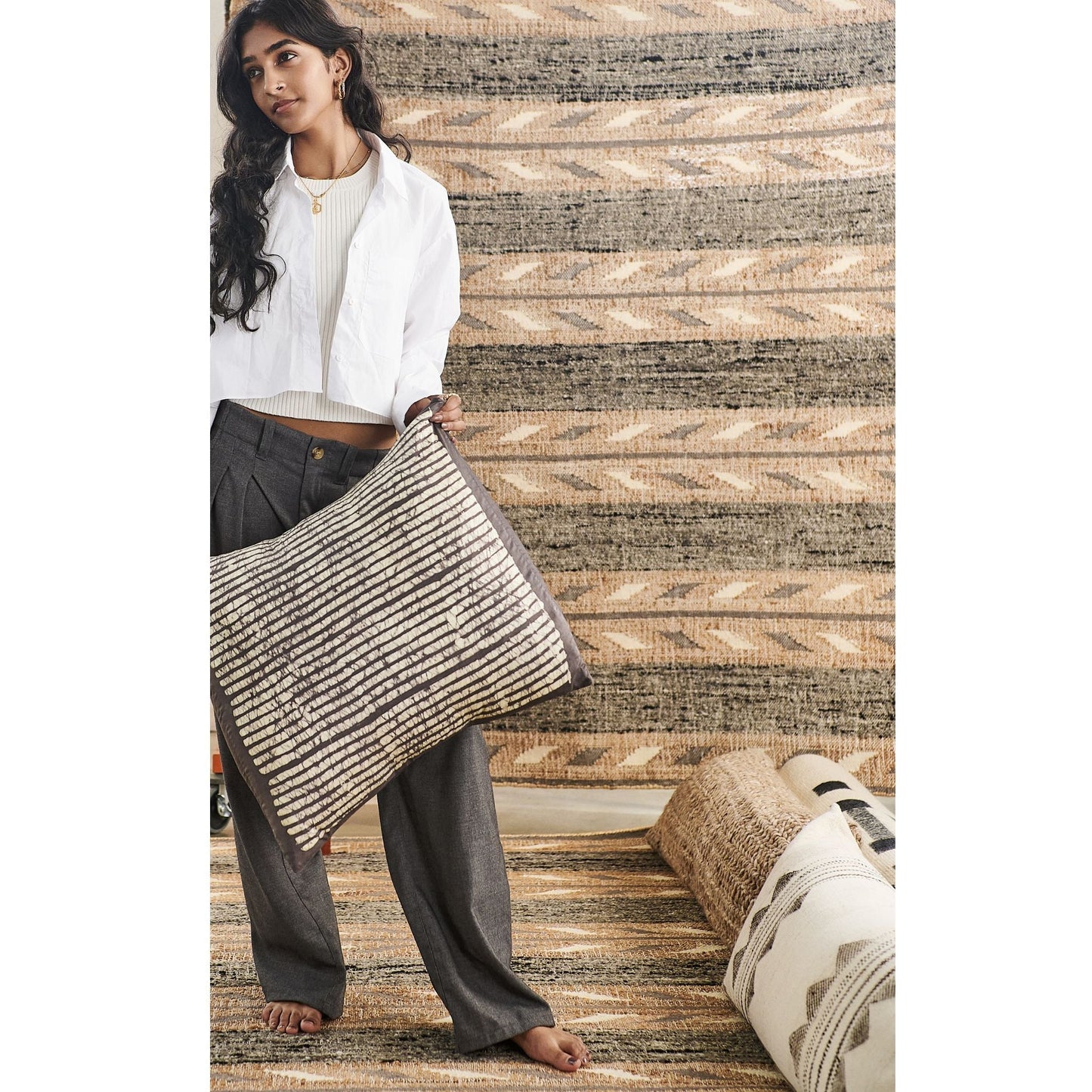 Maple Black Block Printed Stripes Mulberry Silk Pillow Cover