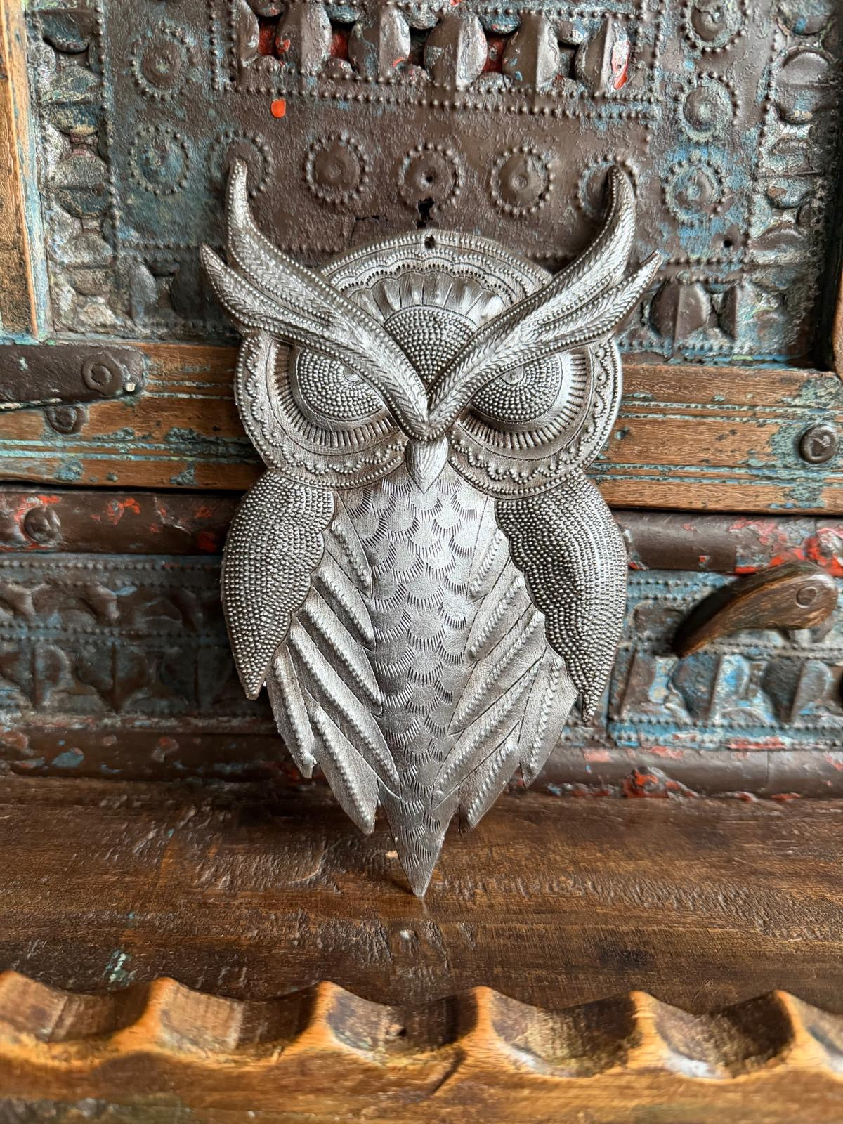 Haitian Metal Owl Wall Art Steel Drum Sculpture Handcrafted