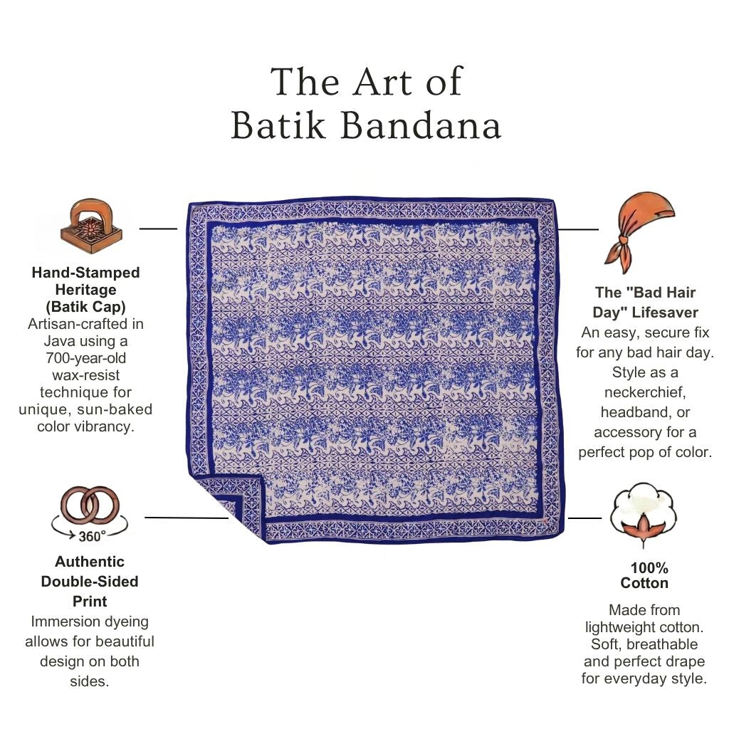 Large 39" Hand Dyed Batik Bandana, Soft Lightweight Cotton, Vines in Navy Blue