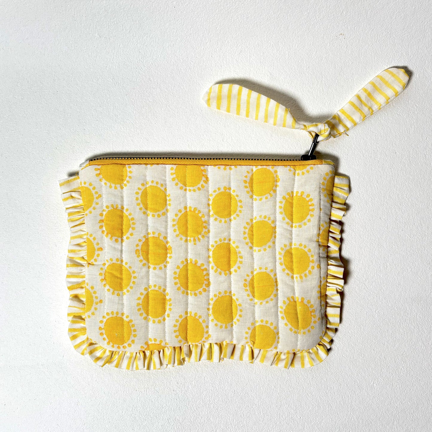 Quilted Cotton Travel Pouch with Sun Print and Ruffle Trim