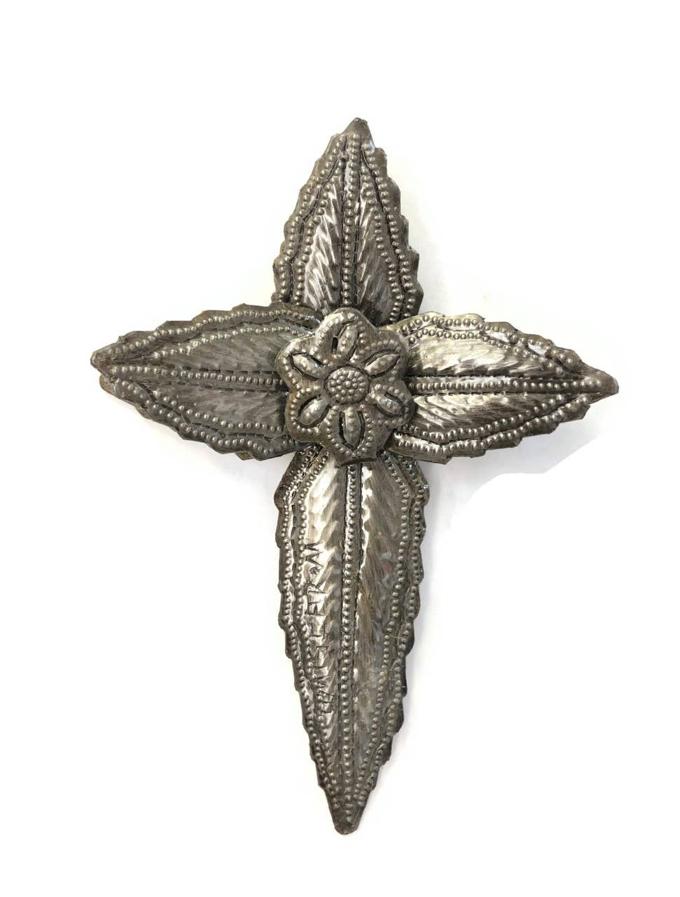 Handmade Haitian Metal Wall Cross 6 " x7" w/ Center Flower