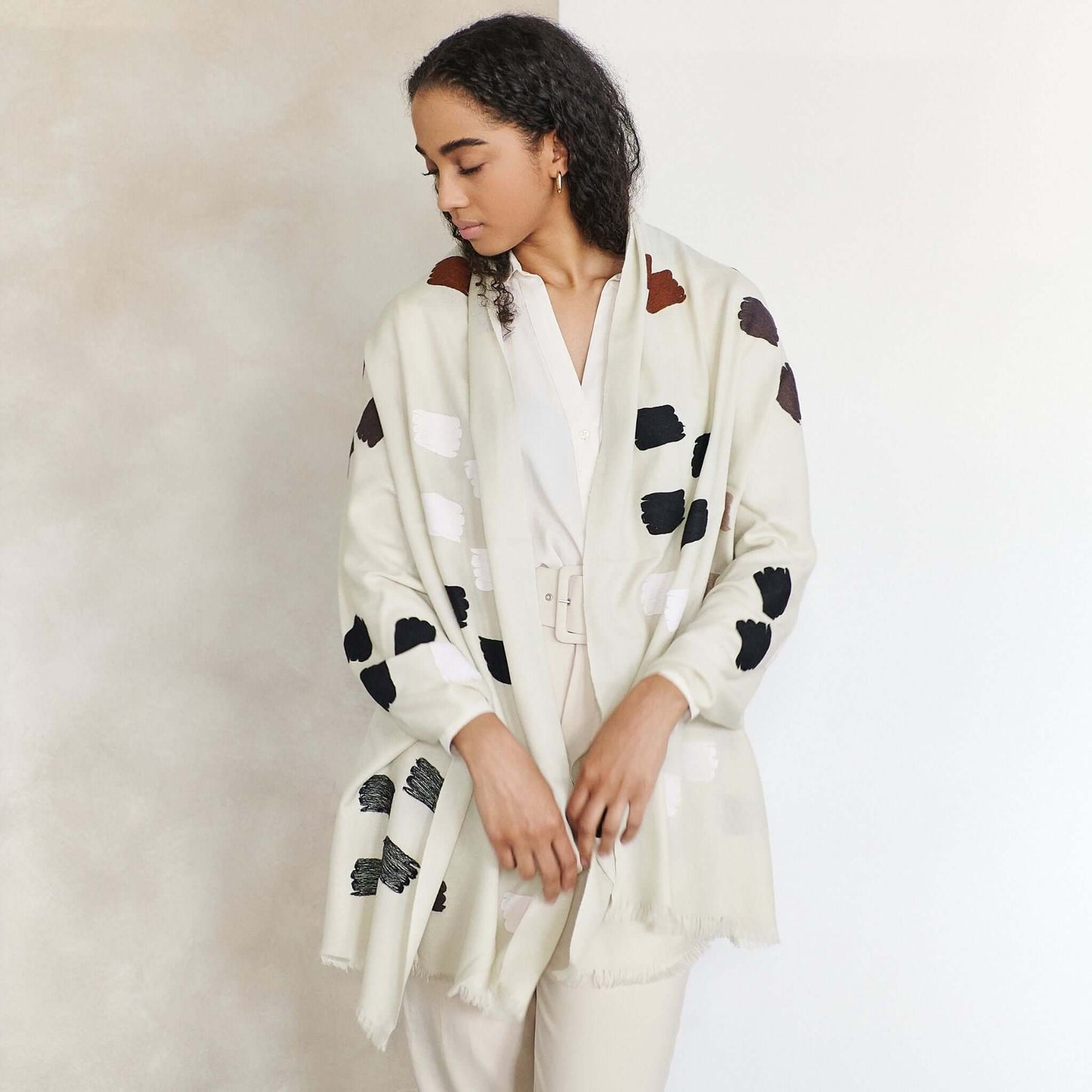 Off White Dahlia Hand Embroidered Hand Woven Modern Artisanal Scarf